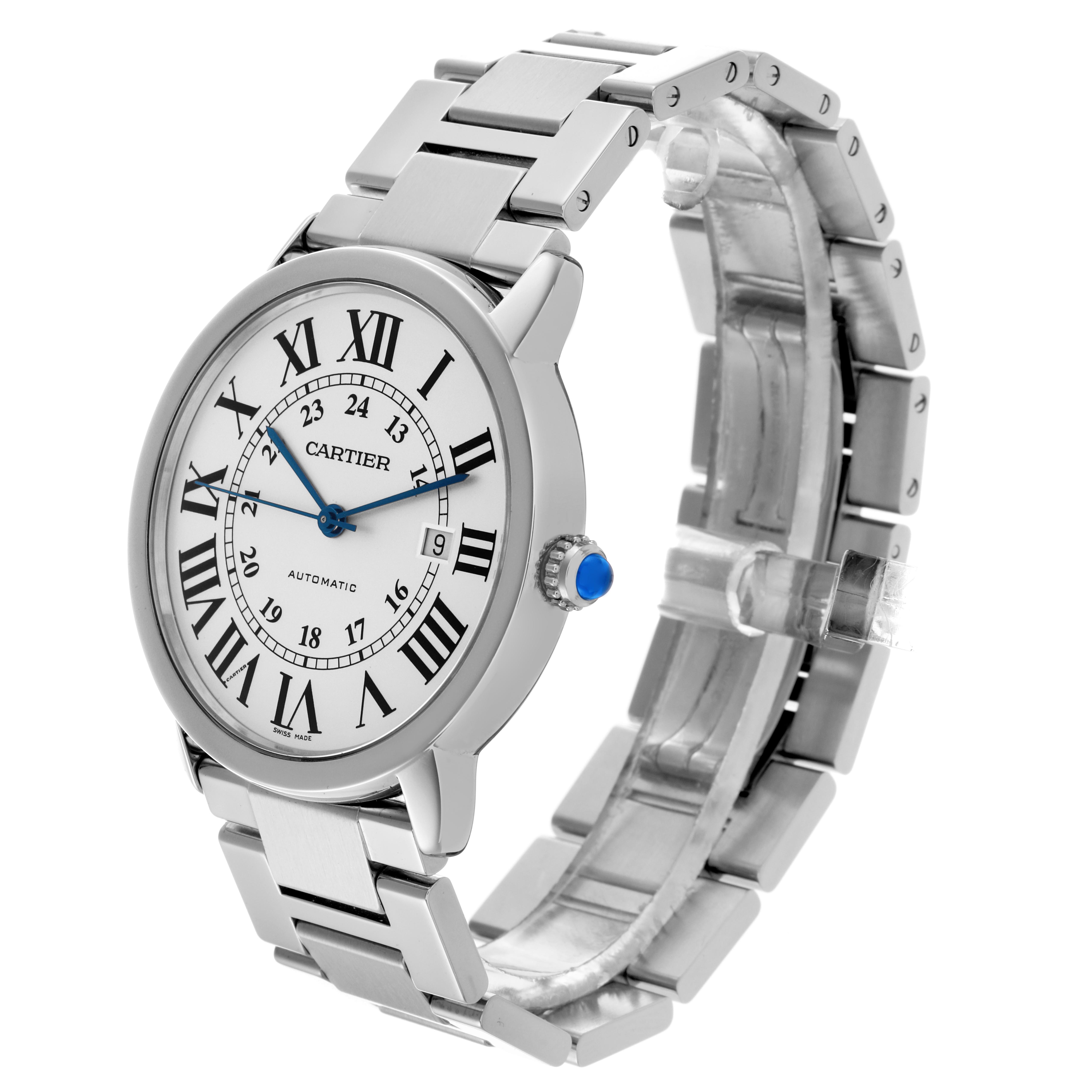 The Cartier Ronde W6701011 Men
s Stainless Steel Silver Dial W6701011 Men
s Stainless Steel Silver Dial watch is shown at a three-quarter angle, highlighting the face, bezel, and metal bracelet.