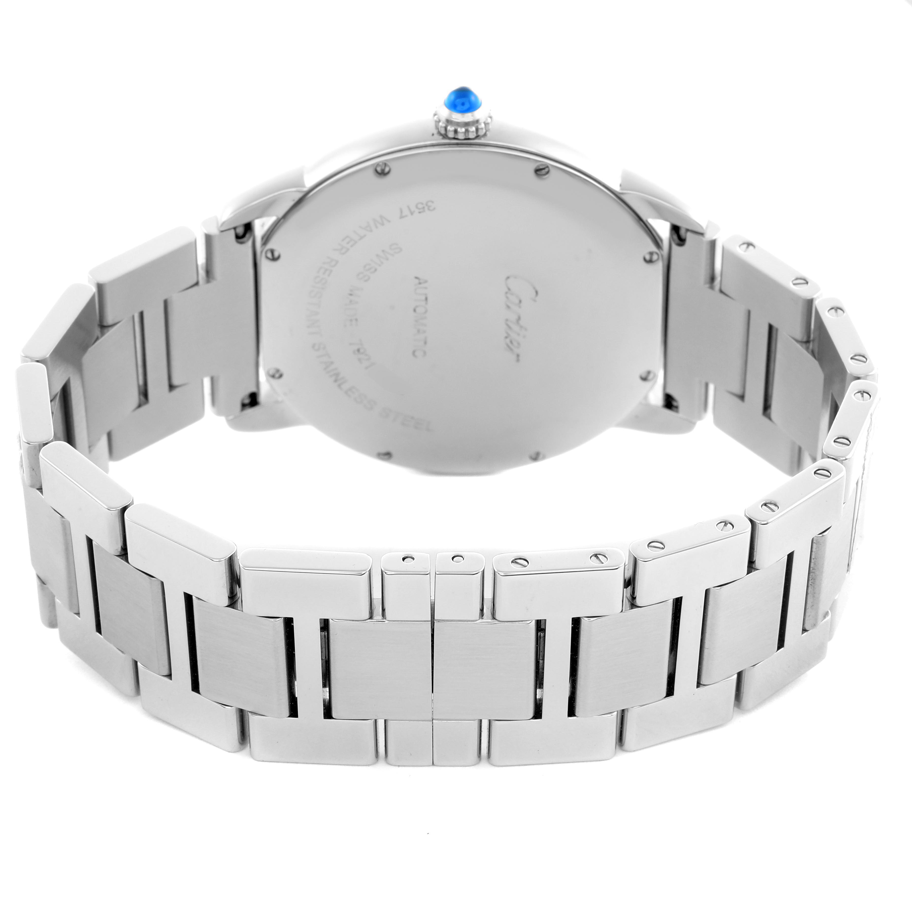 The Cartier Ronde W6701011 Men
s Stainless Steel Silver Dial W6701011 Men
s Stainless Steel Silver Dial watch is shown from the back, highlighting the case back, bracelet, and crown with a blue cabochon.