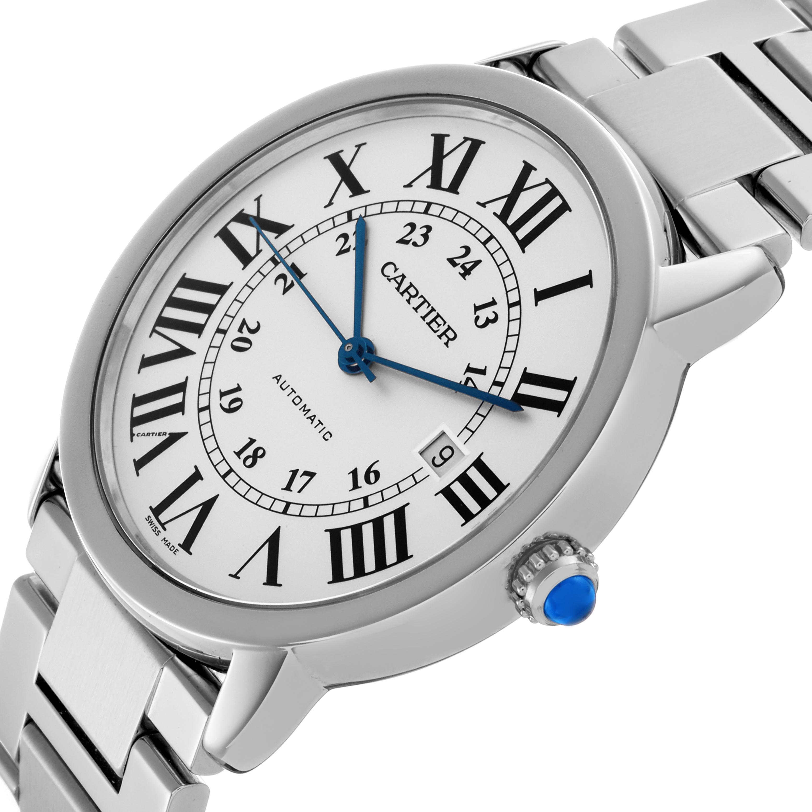 The Cartier Ronde W6701011 Men
s Stainless Steel Silver Dial W6701011 Men
s Stainless Steel Silver Dial watch is shown at an angle highlighting its face, Roman numerals, blue hands, and metal bracelet with a prominent crown.