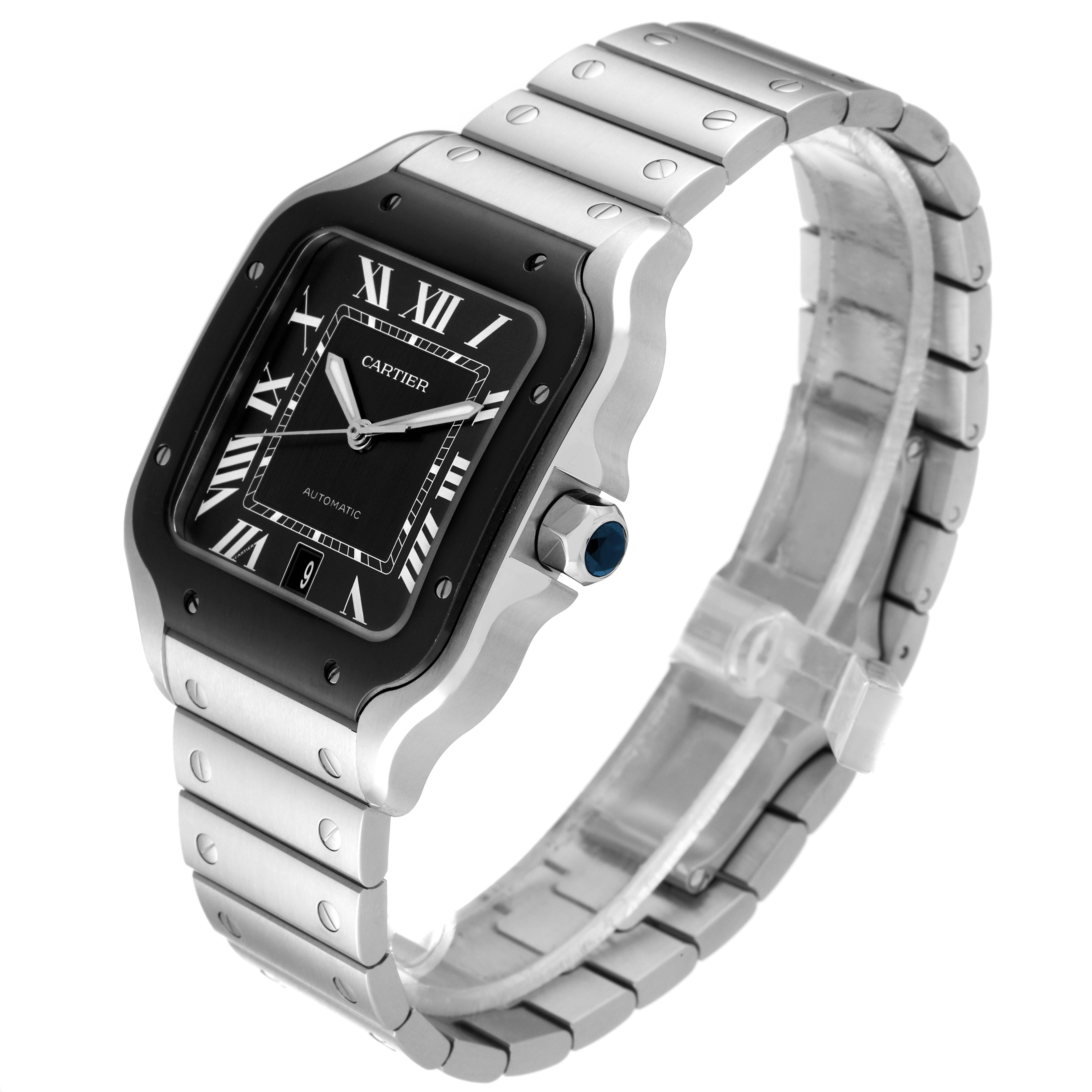 The image shows a tilted angle of a Cartier Santos WSSA0037 Men's Stainless Steel Grey Dial WSSA0037 Men's Stainless Steel Grey Dial model watch, displaying the face, bezel, crown, and metal bracelet.