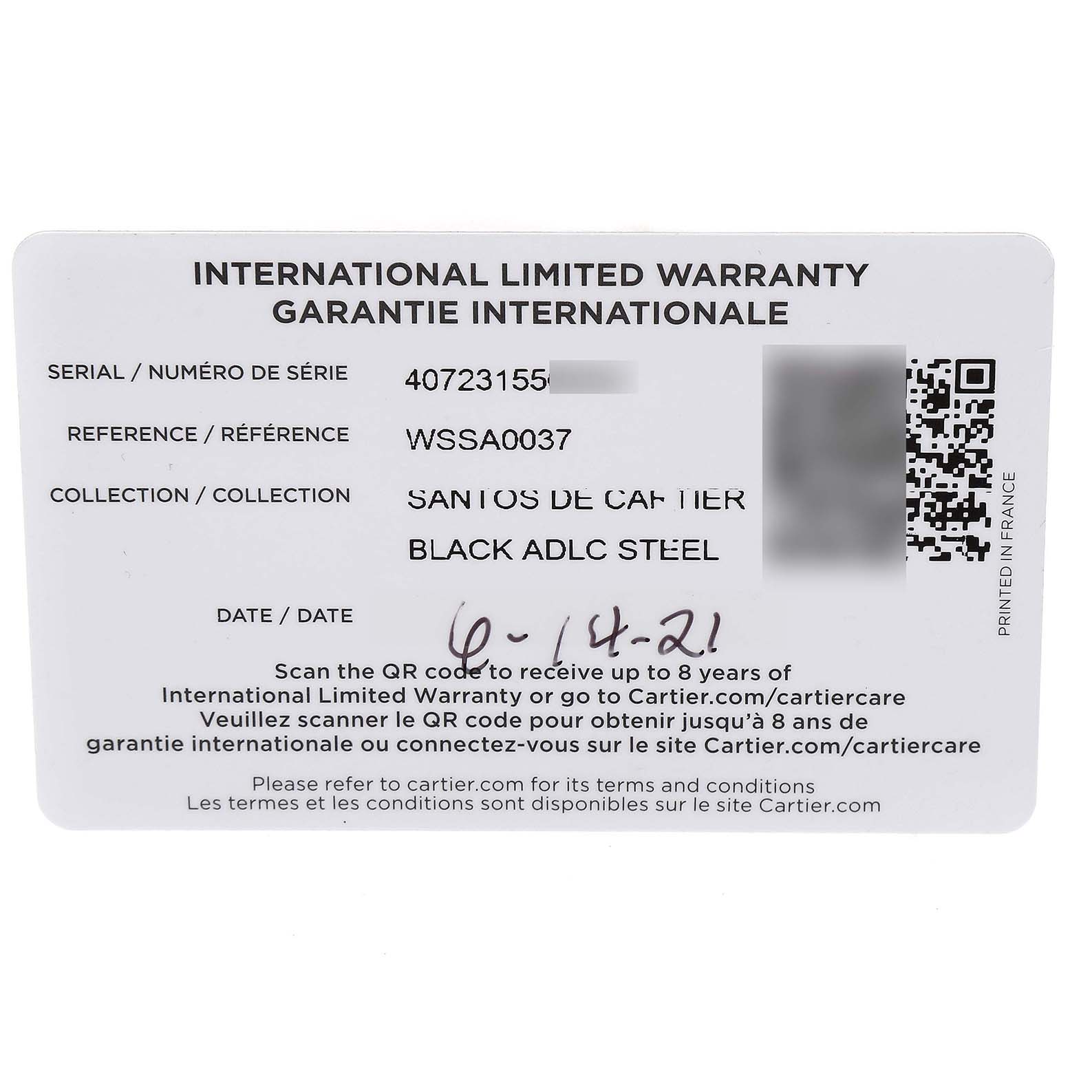 This image shows the international limited warranty card for a Cartier Santos WSSA0037 Men's Stainless Steel Grey Dial WSSA0037 Men's Stainless Steel Grey Dial model watch in black ADLC steel.