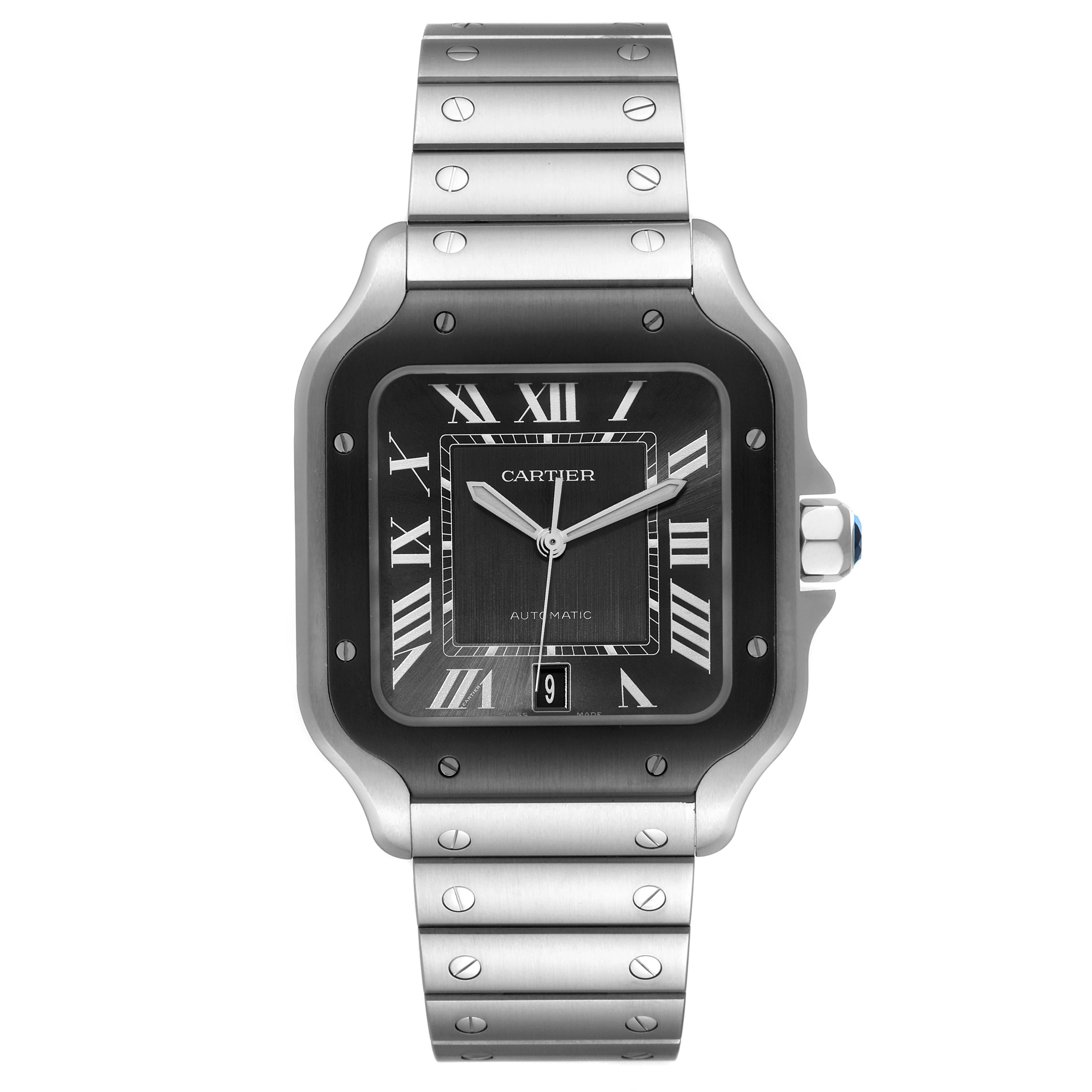 The image shows a front view of the Cartier Santos WSSA0037 Men's Stainless Steel Grey Dial WSSA0037 Men's Stainless Steel Grey Dial watch, displaying the face, bezel, crown, and bracelet.