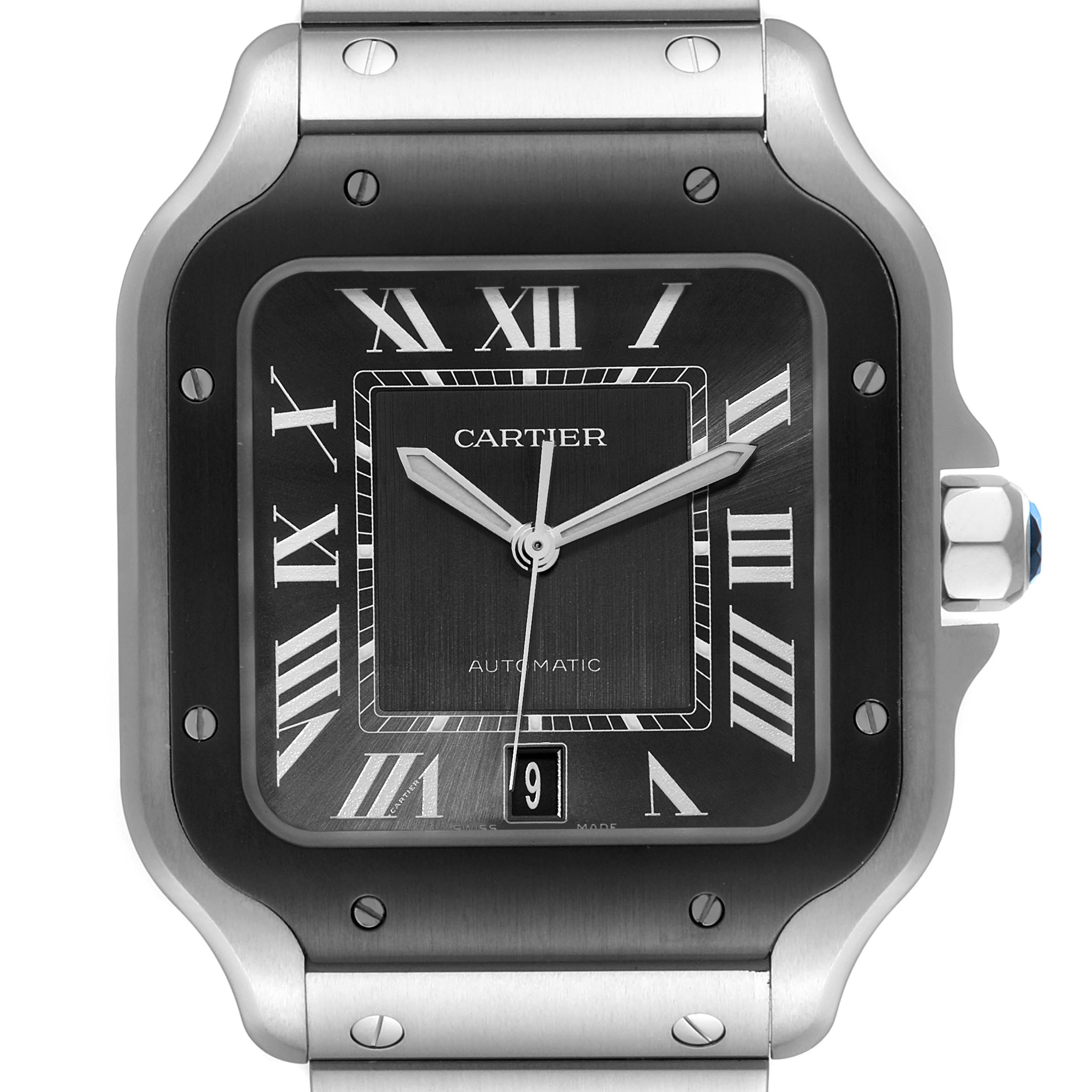 Front view of a Cartier Santos WSSA0037 Men's Stainless Steel Grey Dial WSSA0037 Men's Stainless Steel Grey Dial watch displaying its face, bezel, and part of the bracelet.