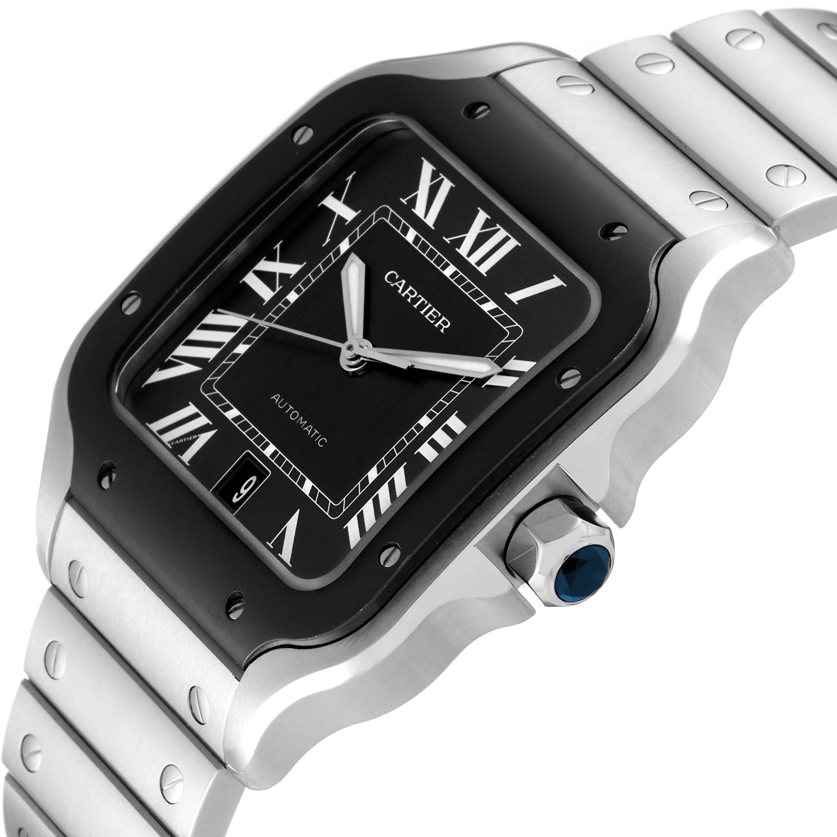 The image shows a close-up side angle of a Cartier Santos WSSA0037 Men's Stainless Steel Grey Dial WSSA0037 Men's Stainless Steel Grey Dial watch, highlighting the face, bezel, and bracelet.