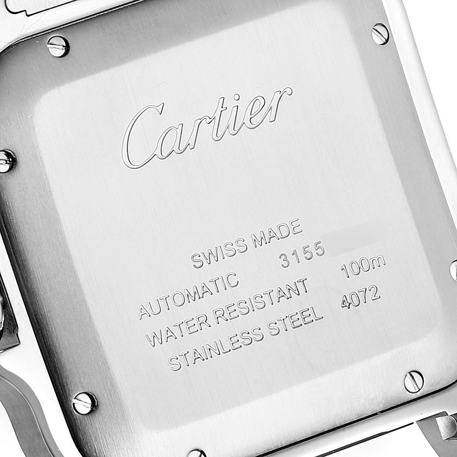 This image shows the backside of a Cartier Santos WSSA0037 Men's Stainless Steel Grey Dial WSSA0037 Men's Stainless Steel Grey Dial watch, including the engraved specifications.