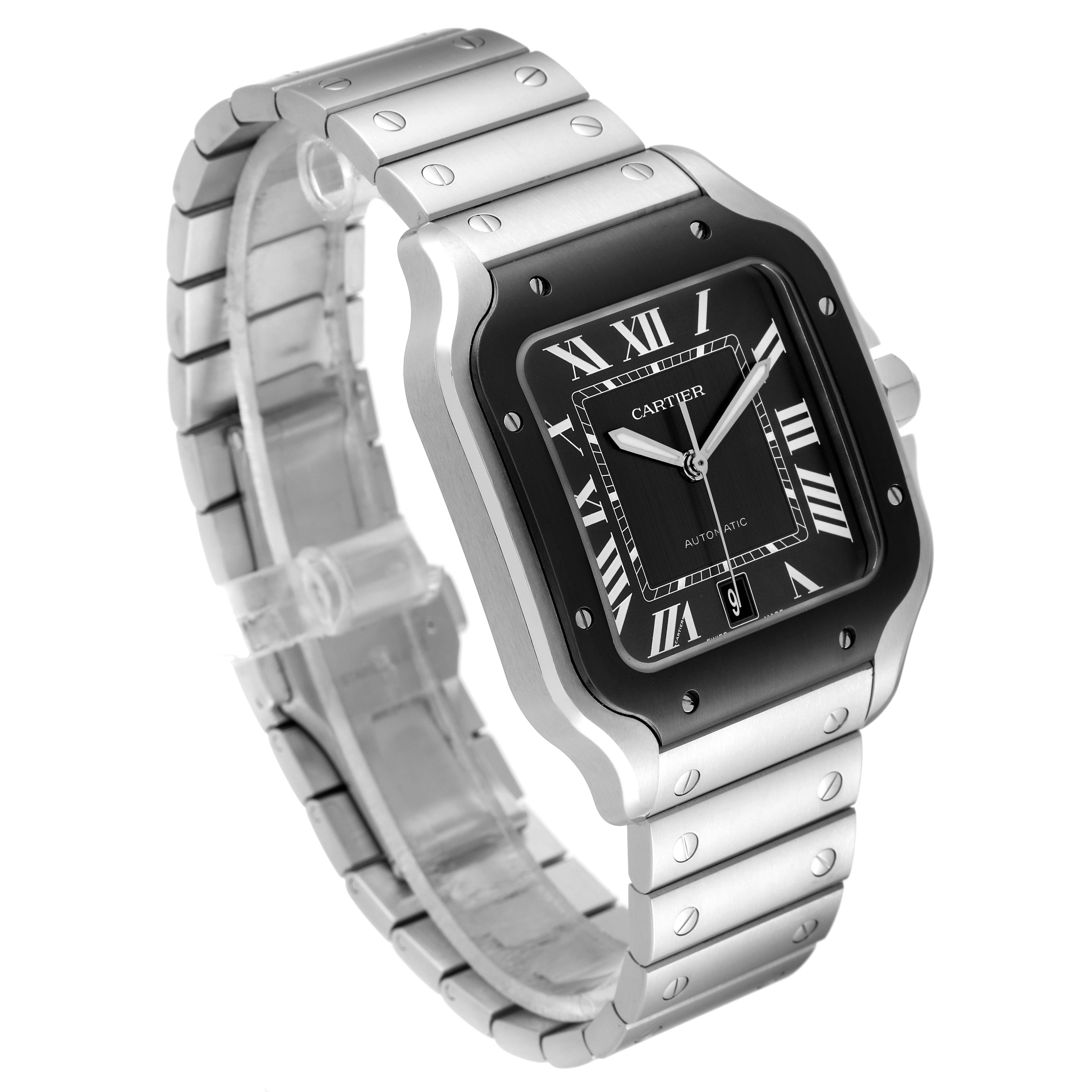 The image shows a Cartier Santos WSSA0037 Men's Stainless Steel Grey Dial WSSA0037 Men's Stainless Steel Grey Dial watch at a three-quarter angle, displaying the face, bracelet, and part of the strap.