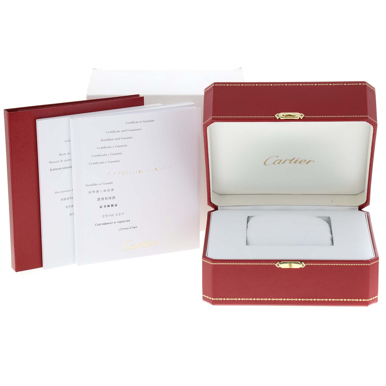 The image shows the opened Cartier Tank Anglaise W5310009 Men
s Stainless Steel Silver Dial W5310009 Men
s Stainless Steel Silver Dial watch box and accompanying documentation from an angled perspective.