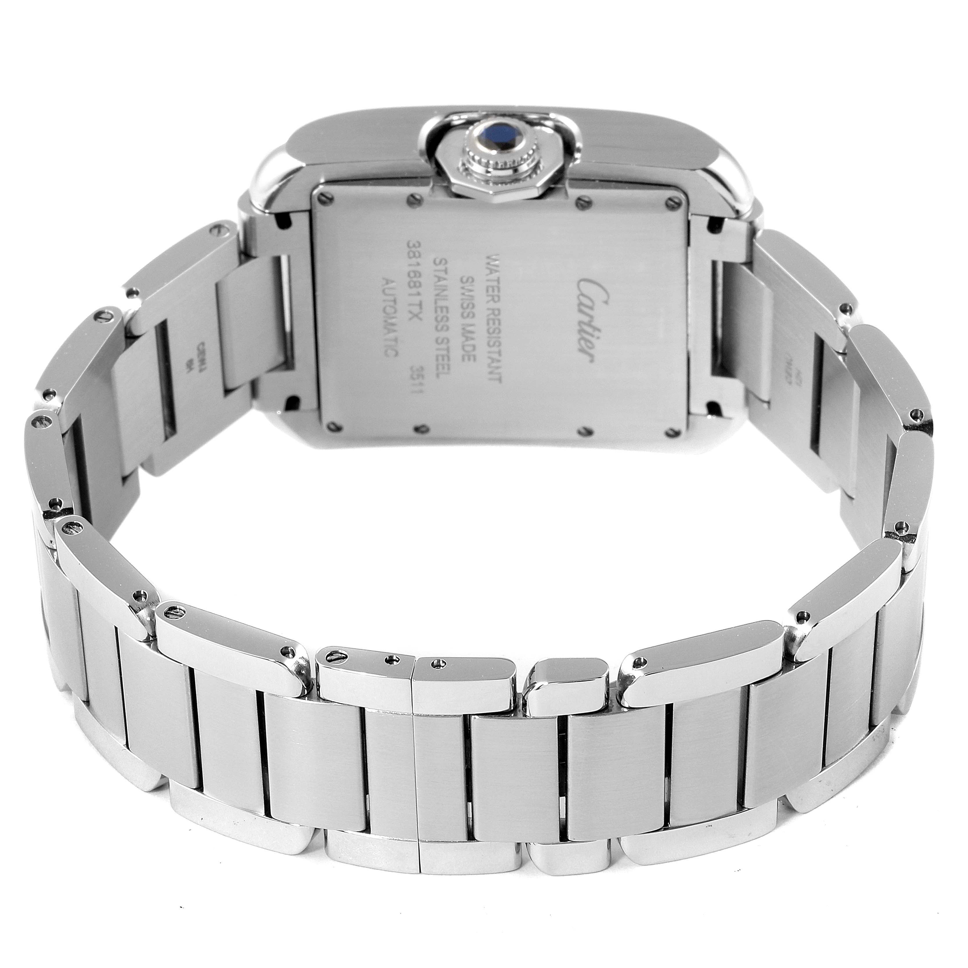 The image shows the rear view of the Cartier Tank Anglaise W5310009 Men
s Stainless Steel Silver Dial W5310009 Men
s Stainless Steel Silver Dial watch, including the back case and metal bracelet.