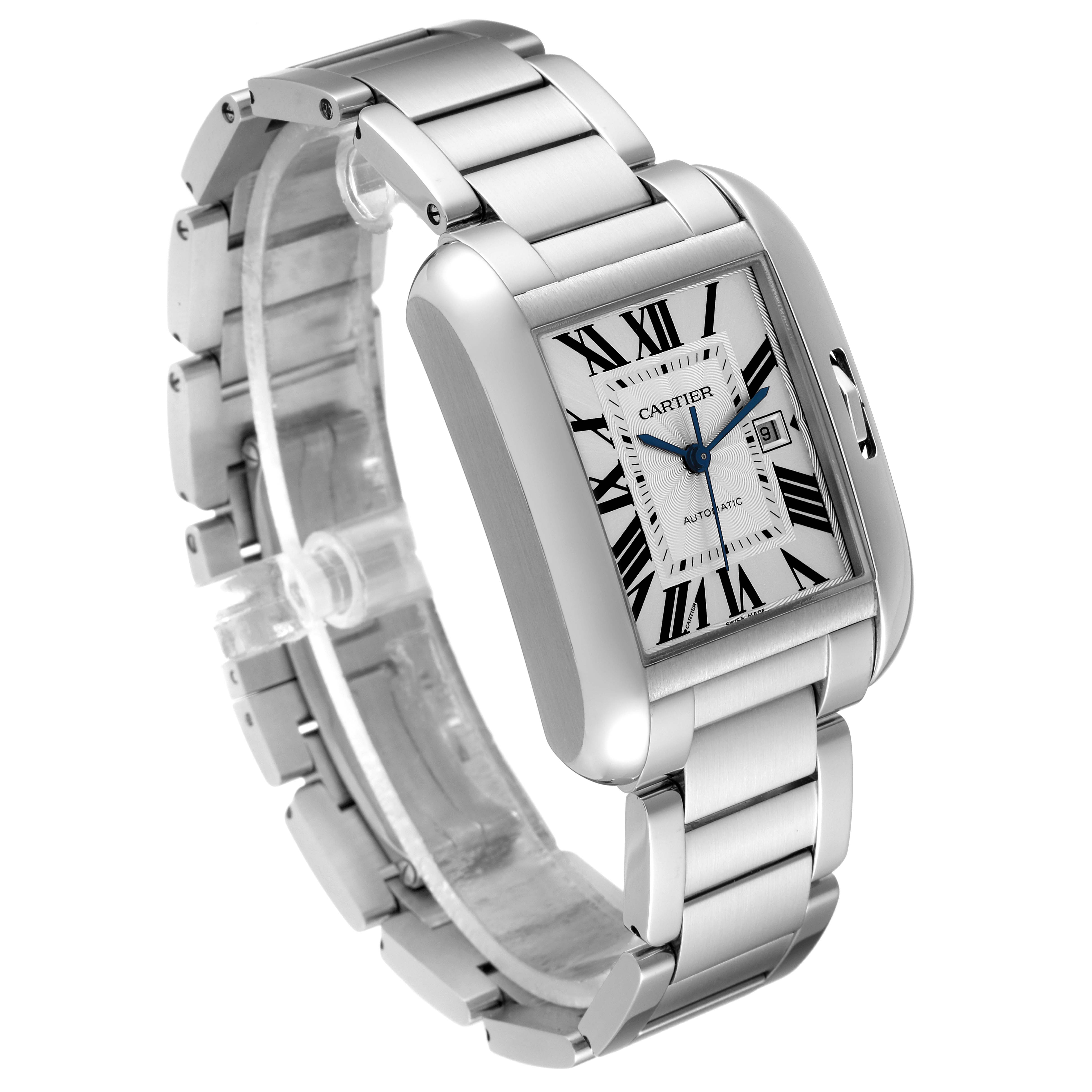 The Cartier Tank Anglaise W5310009 Men
s Stainless Steel Silver Dial W5310009 Men
s Stainless Steel Silver Dial watch is shown at a three-quarter angle, highlighting the face, bracelet, and side profile.