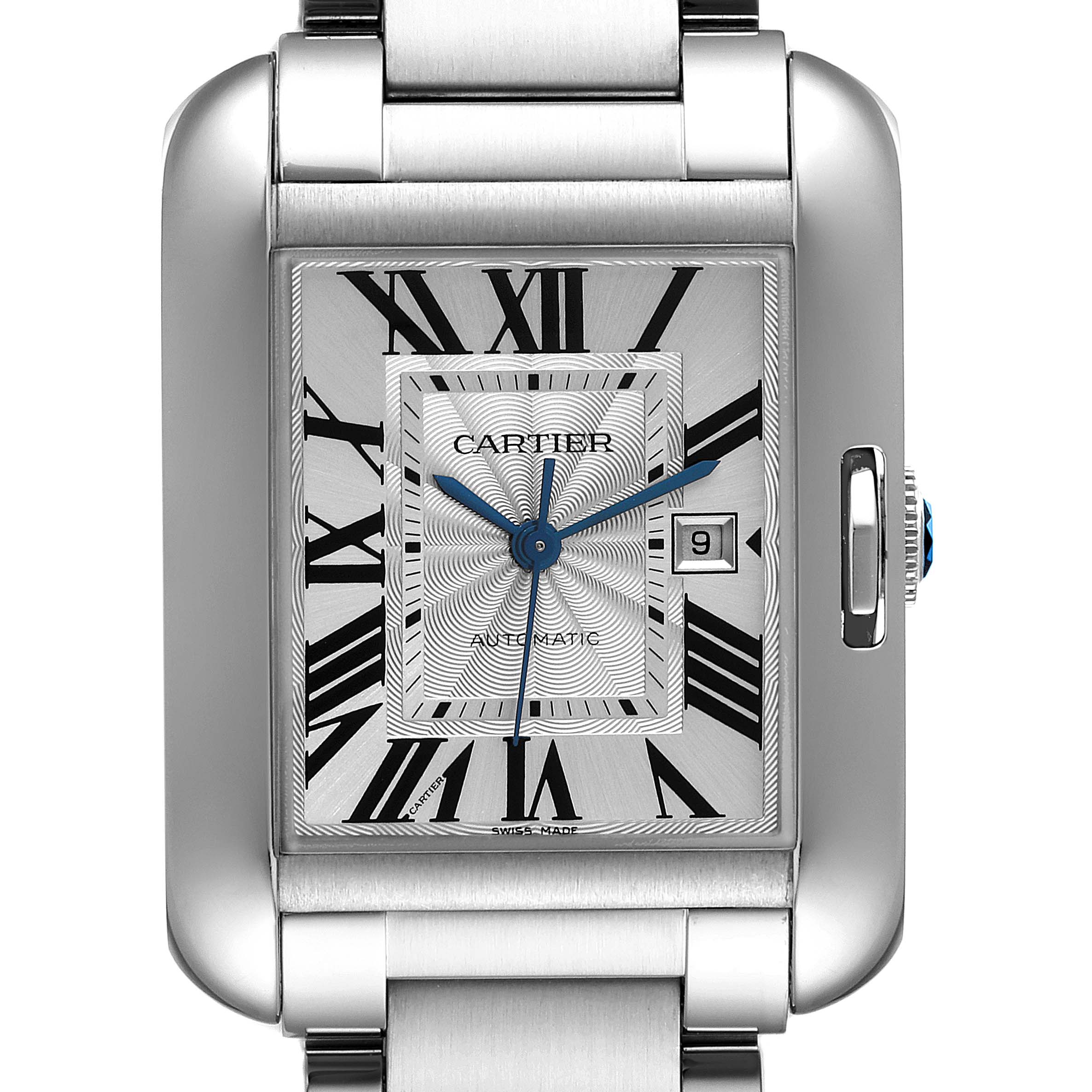 This is a close-up frontal view of the Cartier Tank Anglaise W5310009 Men
s Stainless Steel Silver Dial W5310009 Men
s Stainless Steel Silver Dial watch, showing its face, case, and part of the bracelet.