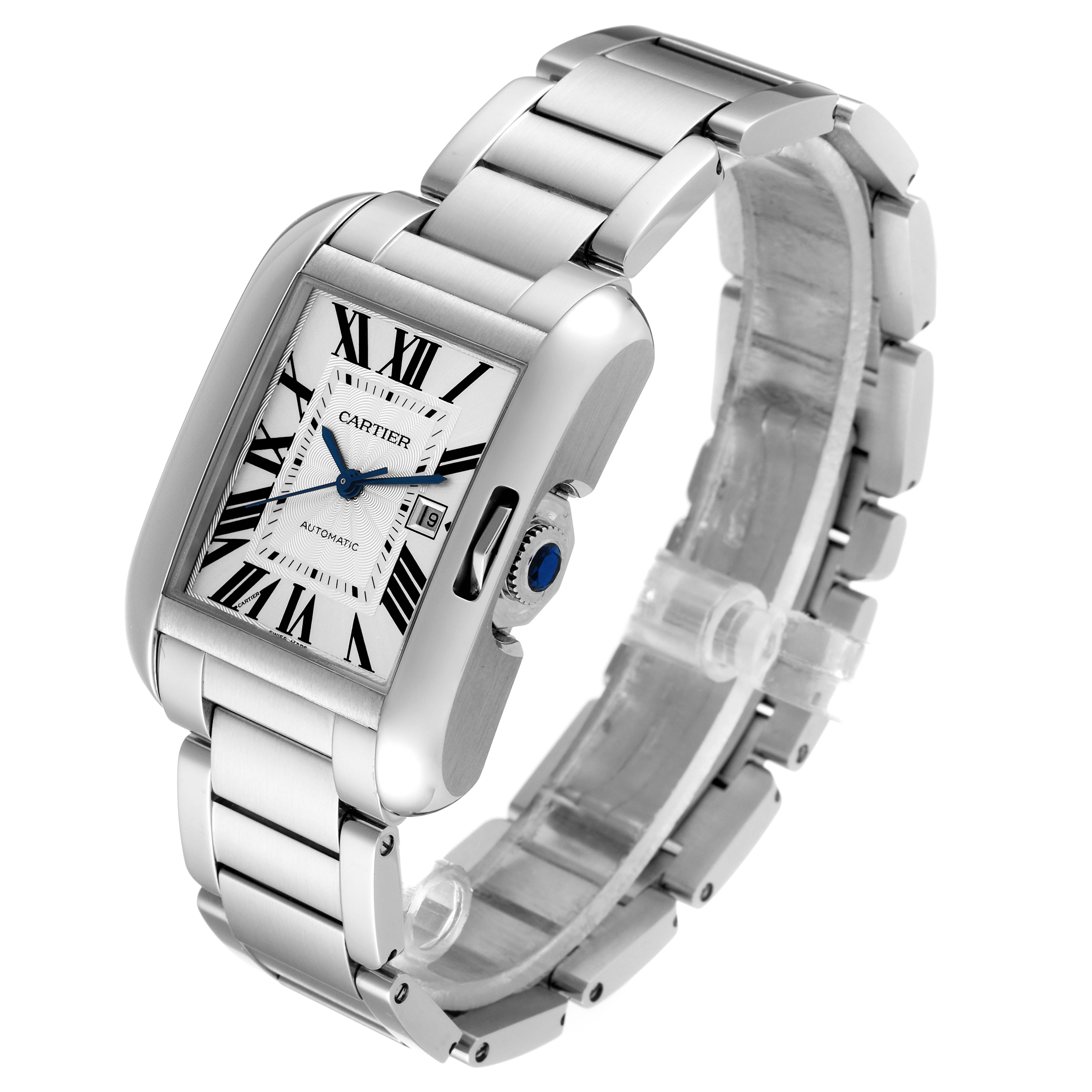 The image shows a Cartier Tank Anglaise W5310009 Men
s Stainless Steel Silver Dial W5310009 Men
s Stainless Steel Silver Dial watch from a three-quarter angle, highlighting its face, crown, and metal bracelet.