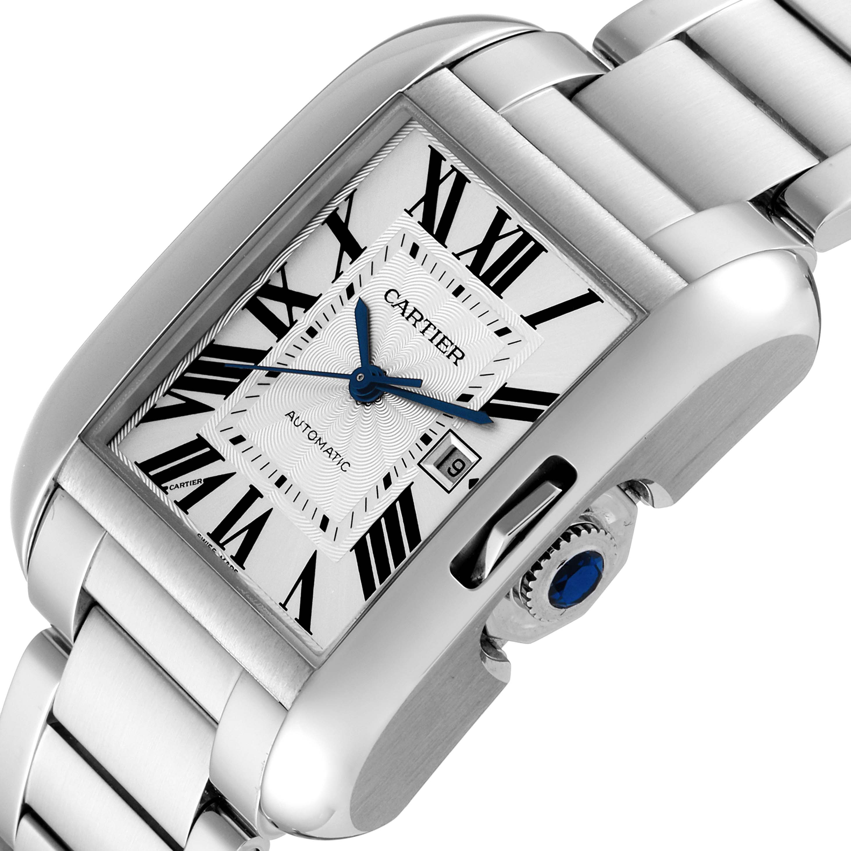 The Cartier Tank Anglaise W5310009 Men
s Stainless Steel Silver Dial W5310009 Men
s Stainless Steel Silver Dial watch is shown at an angled close-up, highlighting the face, crown, and part of the strap.