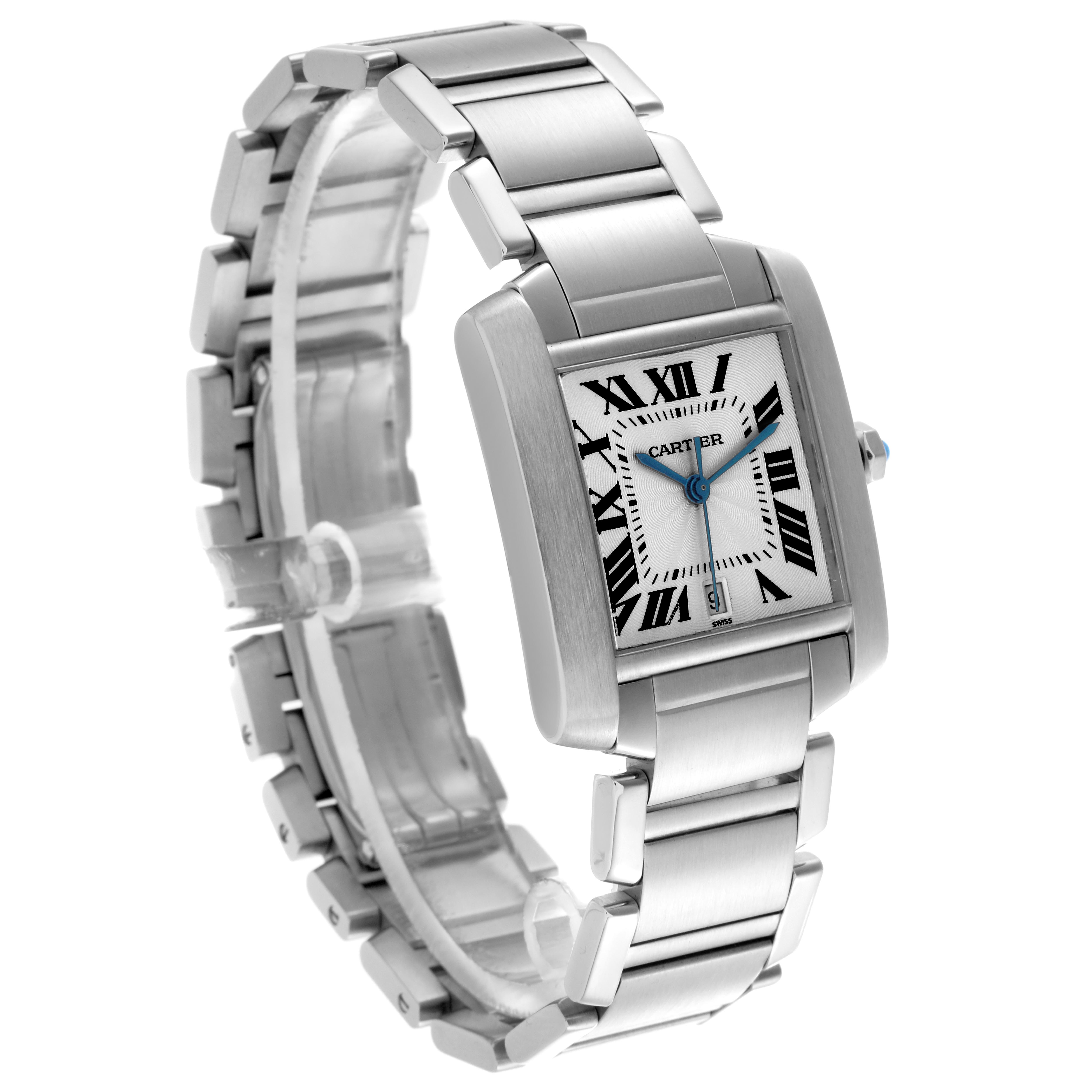 The Cartier Tank Francaise W51002Q3 Men
s Stainless Steel Silver Dial W51002Q3 Men
s Stainless Steel Silver Dial watch is shown at a three-quarter angle, highlighting the face, bracelet, and signature rectangular case.
