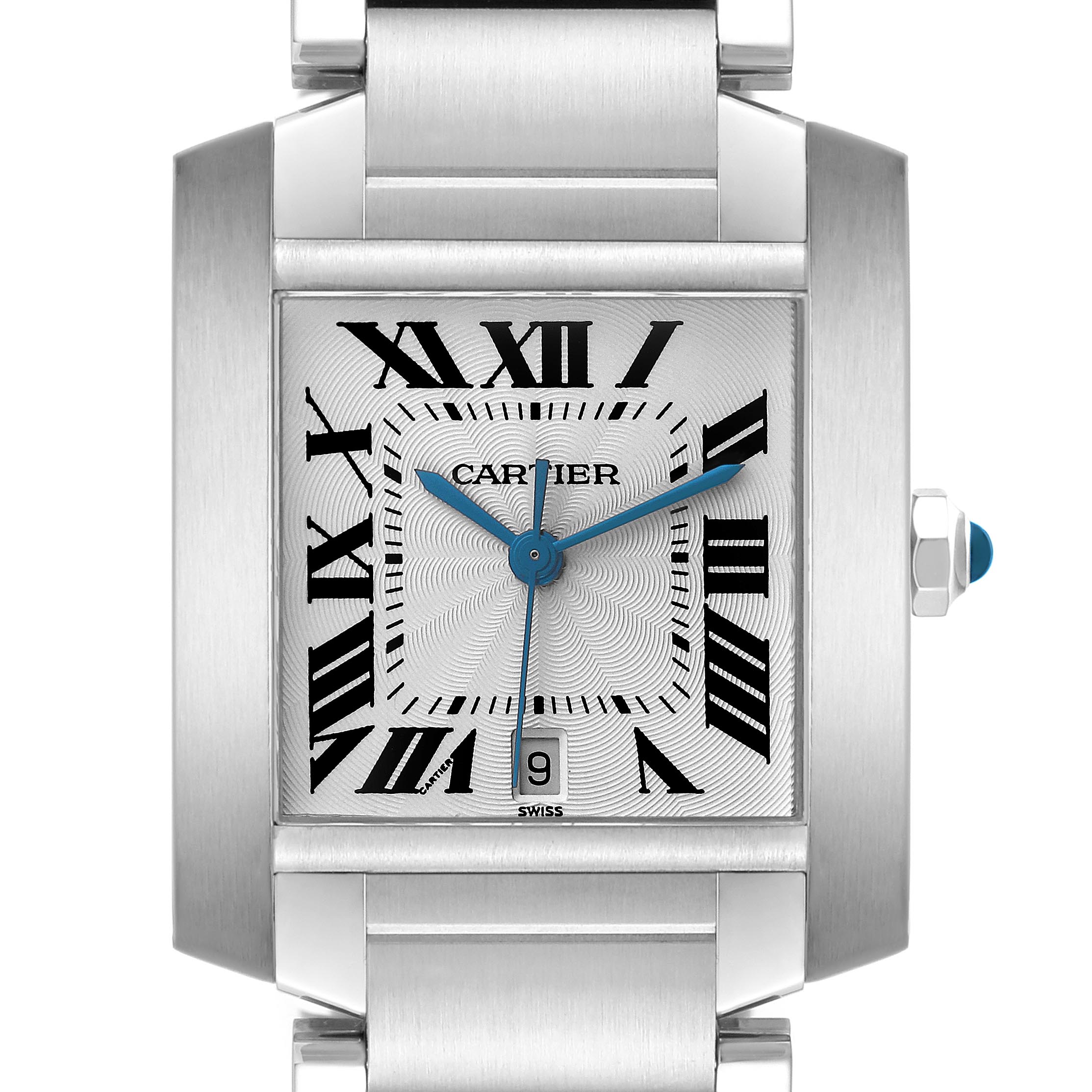 The Cartier Tank Francaise W51002Q3 Men
s Stainless Steel Silver Dial W51002Q3 Men
s Stainless Steel Silver Dial watch is shown from a front angle, highlighting its face, Roman numerals, and bracelet.