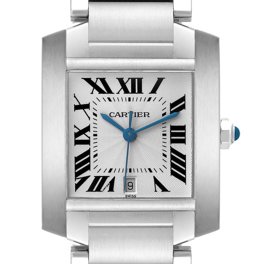The Cartier Tank Francaise watch is shown from a front angle, highlighting its face, Roman numerals, and bracelet.