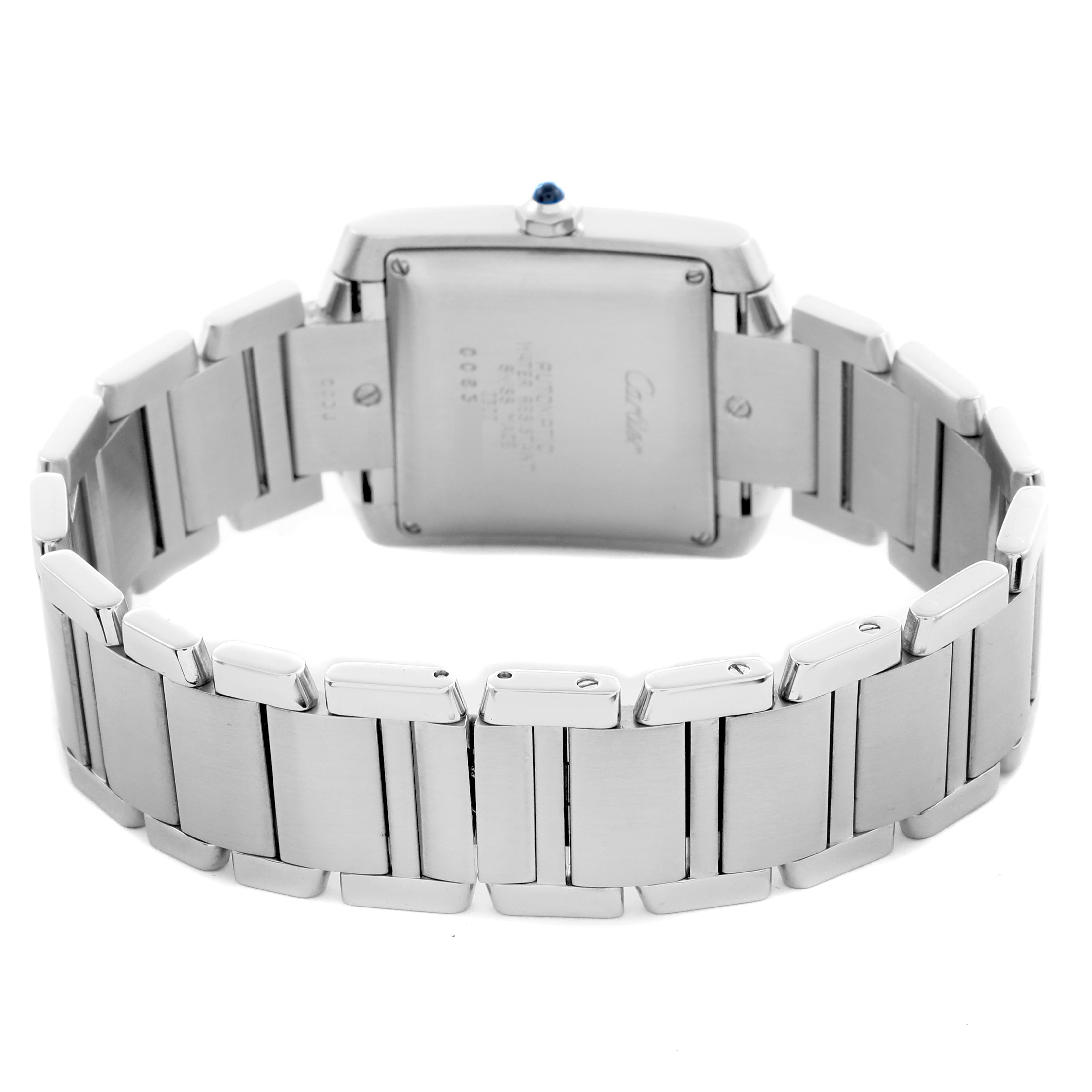 The image shows the back view of the Cartier Tank Francaise W51002Q3 Men
s Stainless Steel Silver Dial W51002Q3 Men
s Stainless Steel Silver Dial watch, highlighting its bracelet and case back.