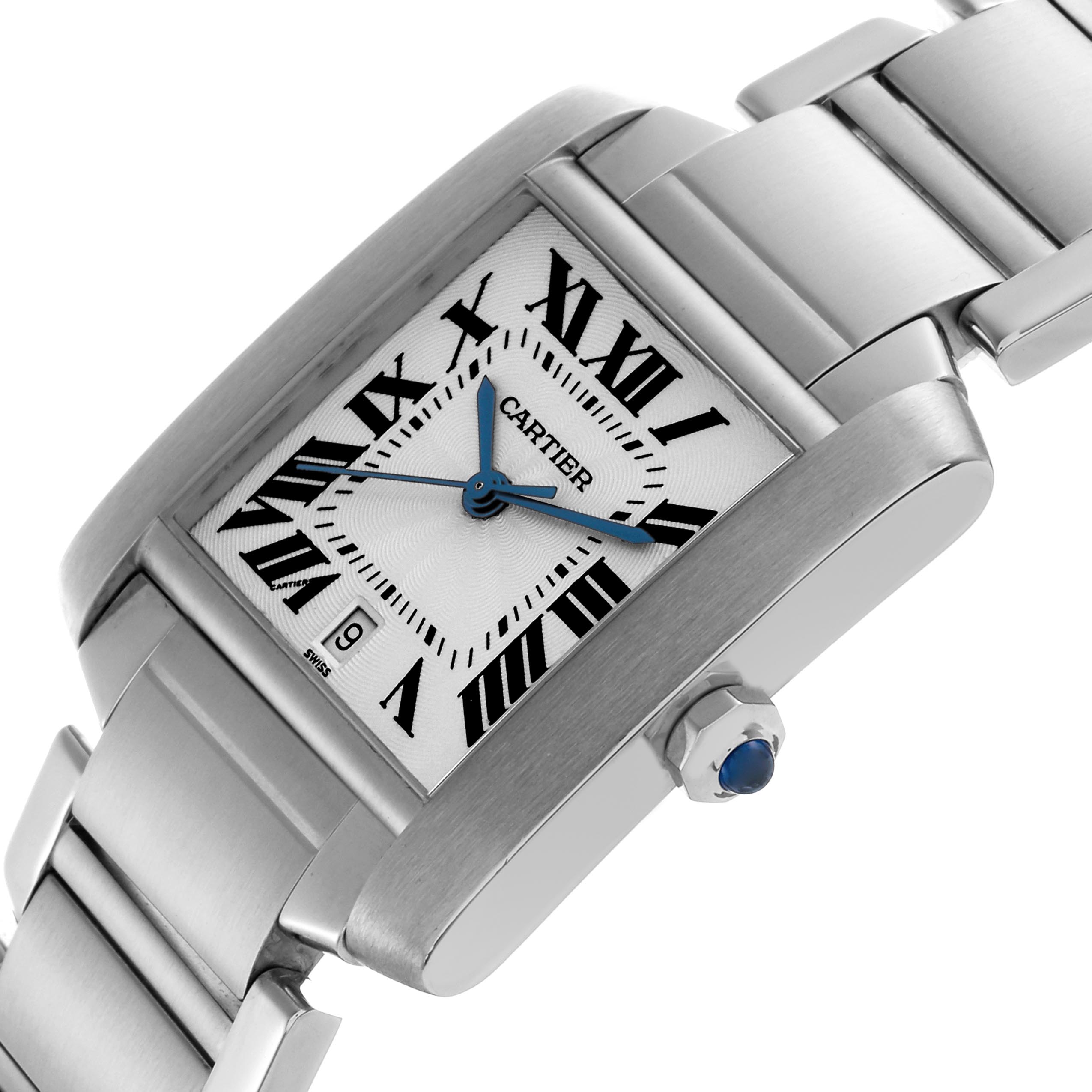 The Cartier Tank Francaise W51002Q3 Men
s Stainless Steel Silver Dial W51002Q3 Men
s Stainless Steel Silver Dial watch is shown from a tilted angle, highlighting the face, crown with a blue cabochon, and part of the bracelet.