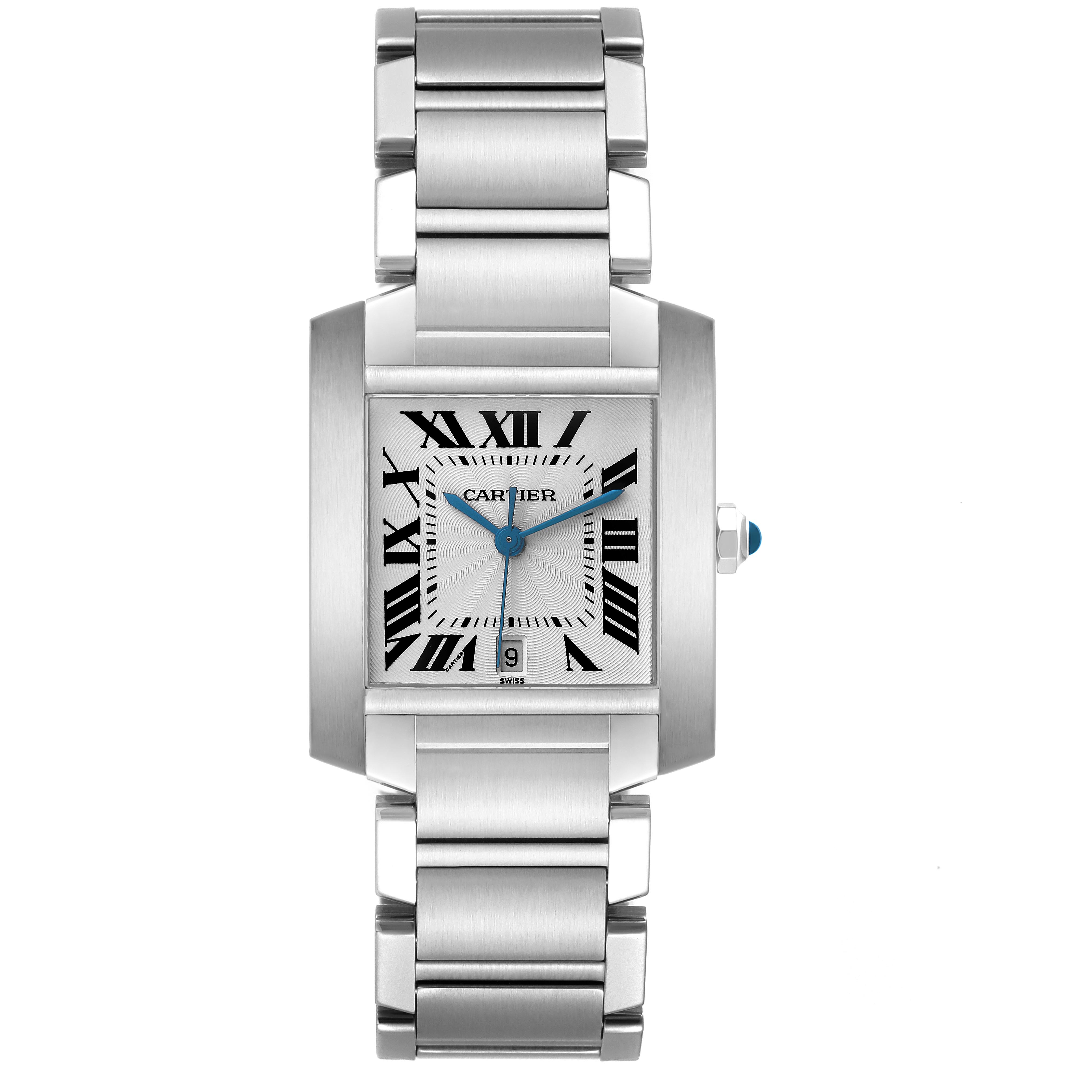 The Cartier Tank Francaise W51002Q3 Men
s Stainless Steel Silver Dial W51002Q3 Men
s Stainless Steel Silver Dial watch is shown from a front view, highlighting its rectangular face, Roman numerals, and metal bracelet.