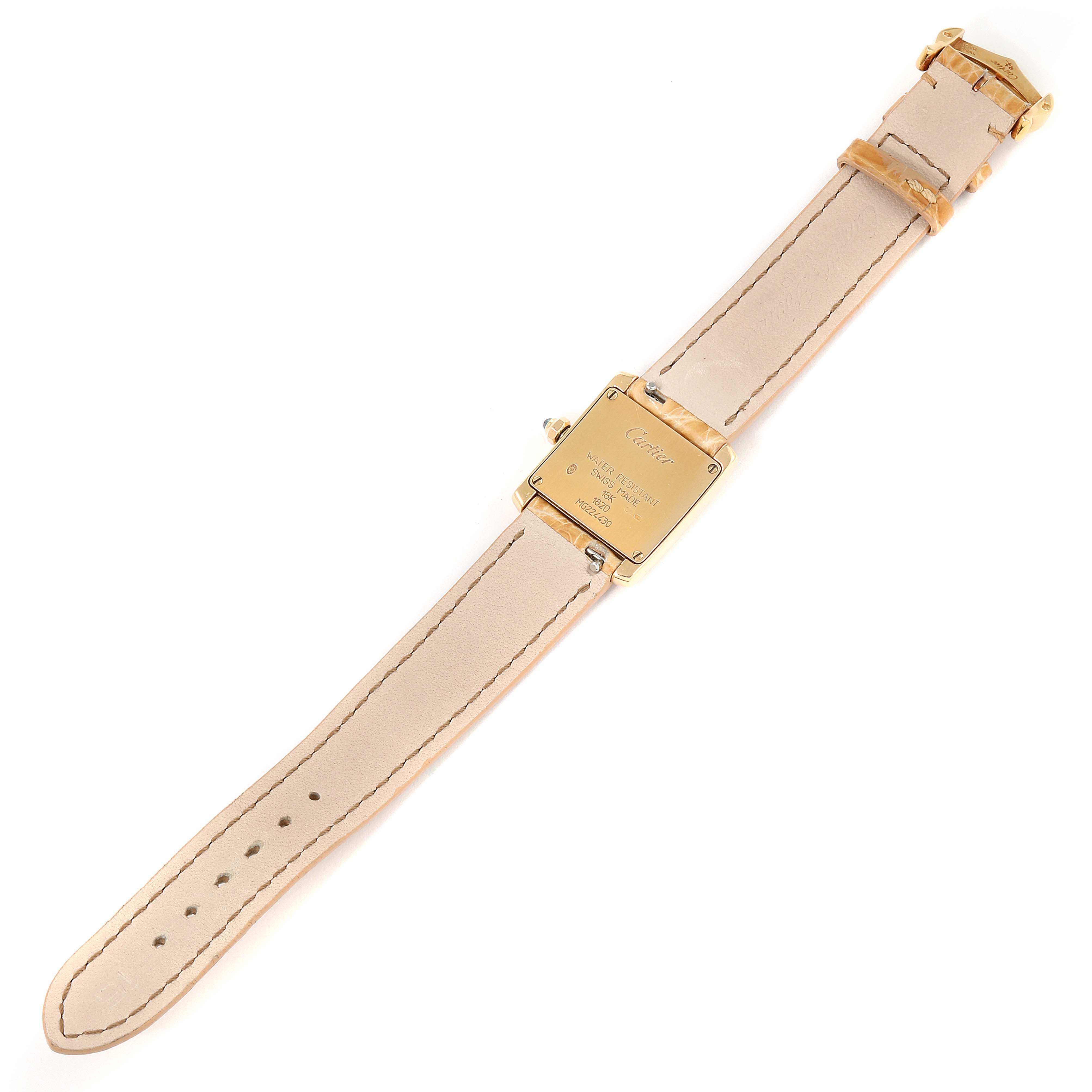 This image shows the back and strap of a Cartier Tank Francaise W5000256 Women
s Yellow Gold Silver Dial W5000256 Women
s Yellow Gold Silver Dial watch from a top-down angle.