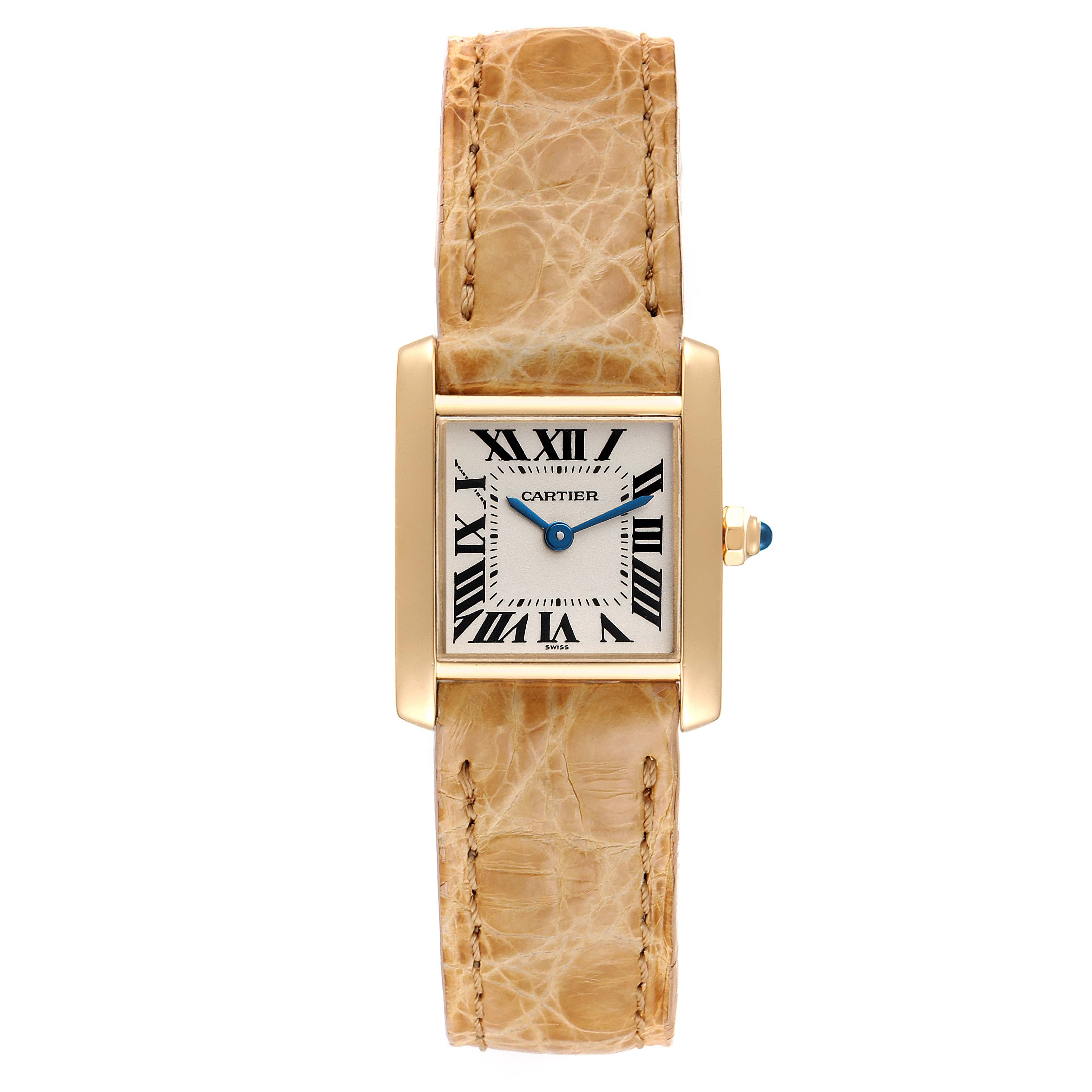 This image shows a front view of the Cartier Tank Française watch, displaying its face and beige leather strap.