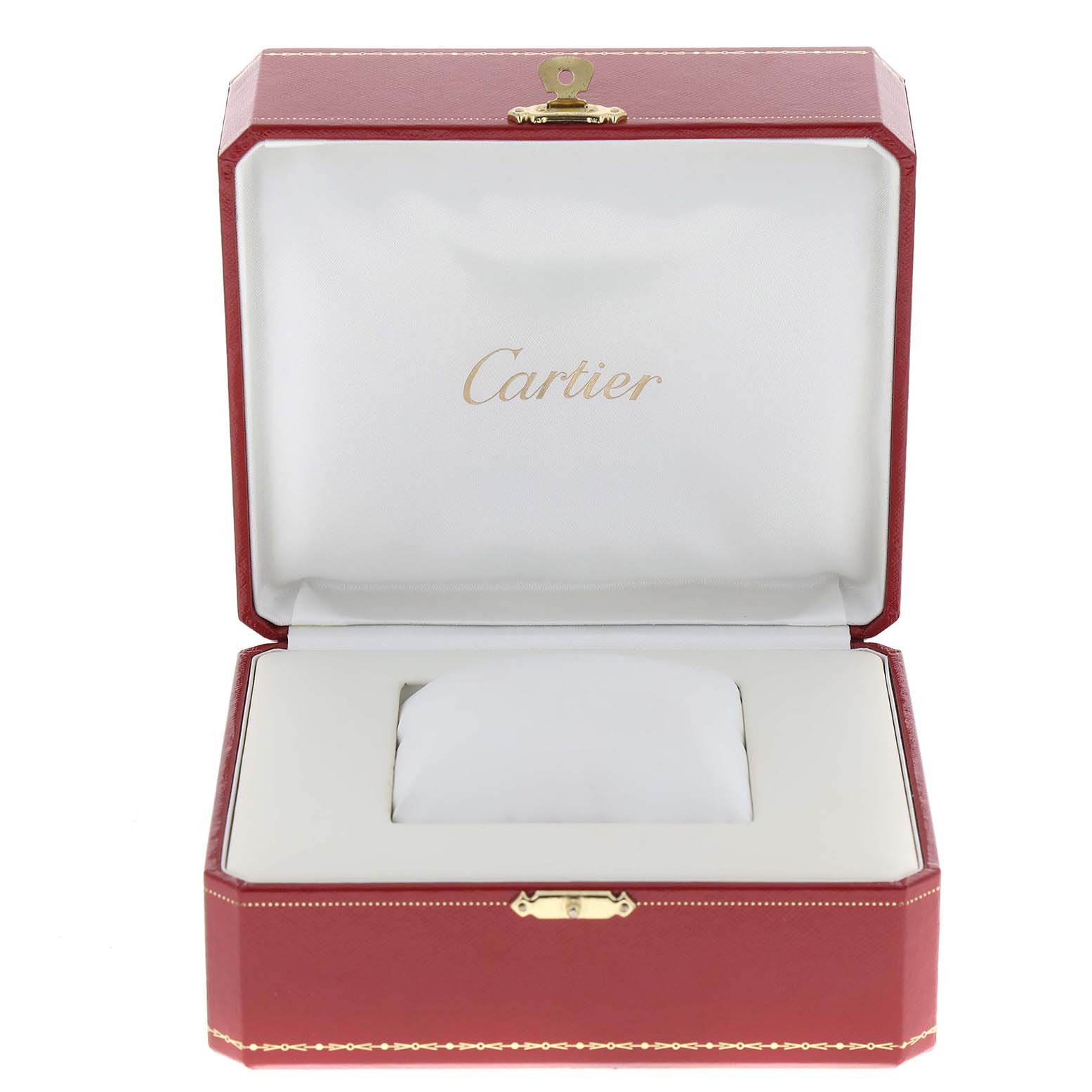 The image shows an open Cartier watch box for the Tank Francaise model, displaying the interior with a cushion.