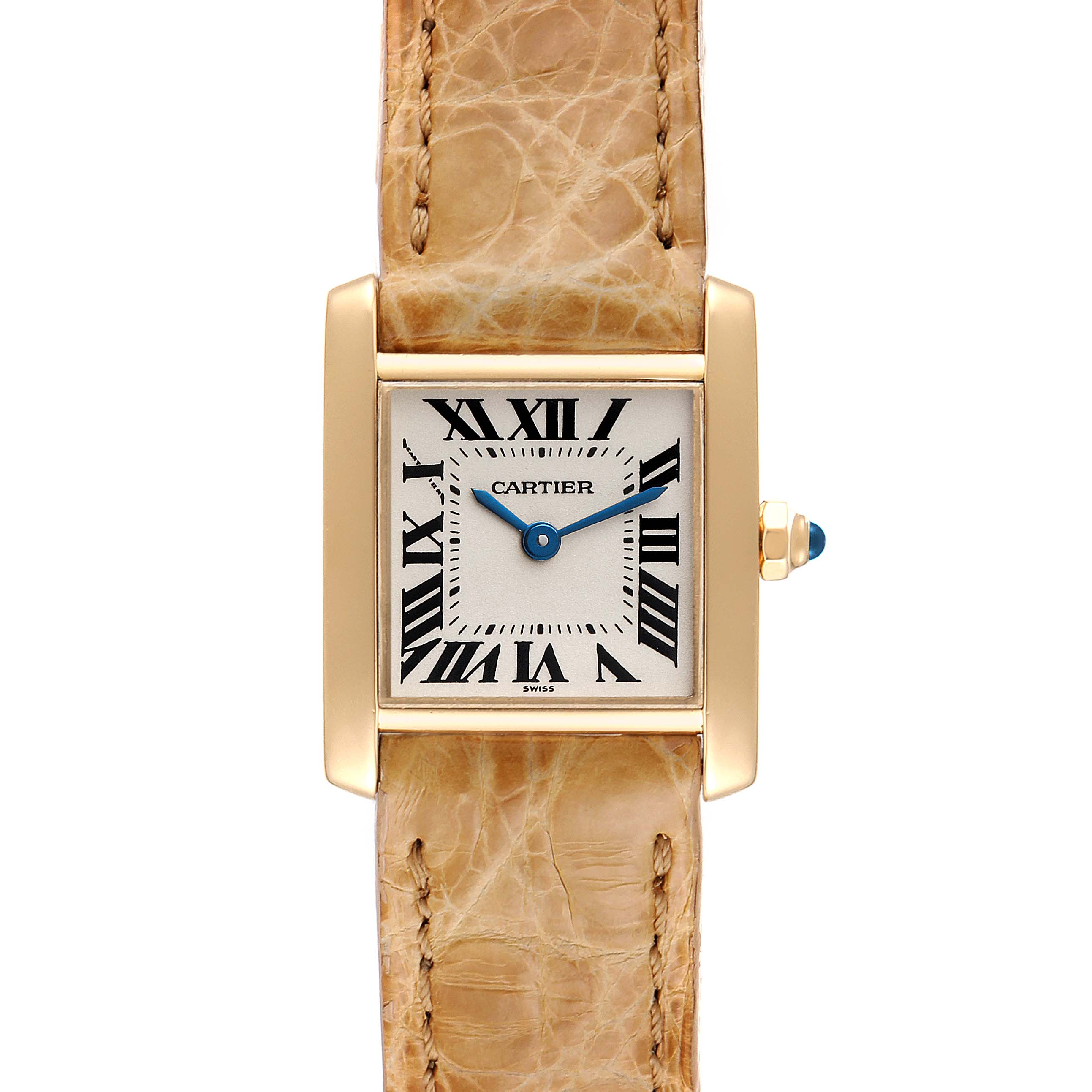 The image shows a front view of a Cartier Tank Française watch with a leather strap and Roman numeral dial.