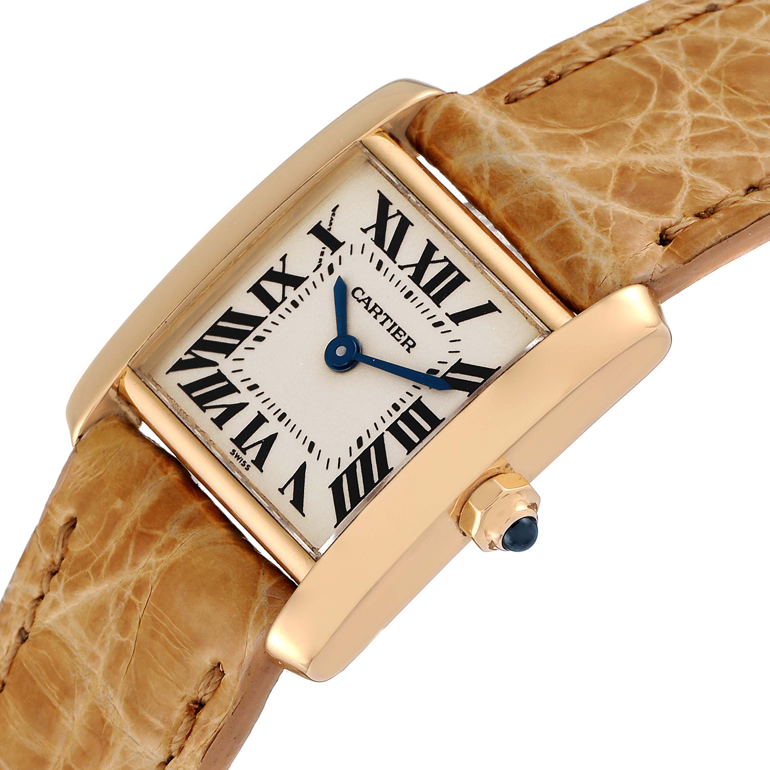 The Cartier Tank Francaise W5000256 Women
s Yellow Gold Silver Dial W5000256 Women
s Yellow Gold Silver Dial watch is shown at a slight angle, revealing its dial, case, crown, and leather strap.