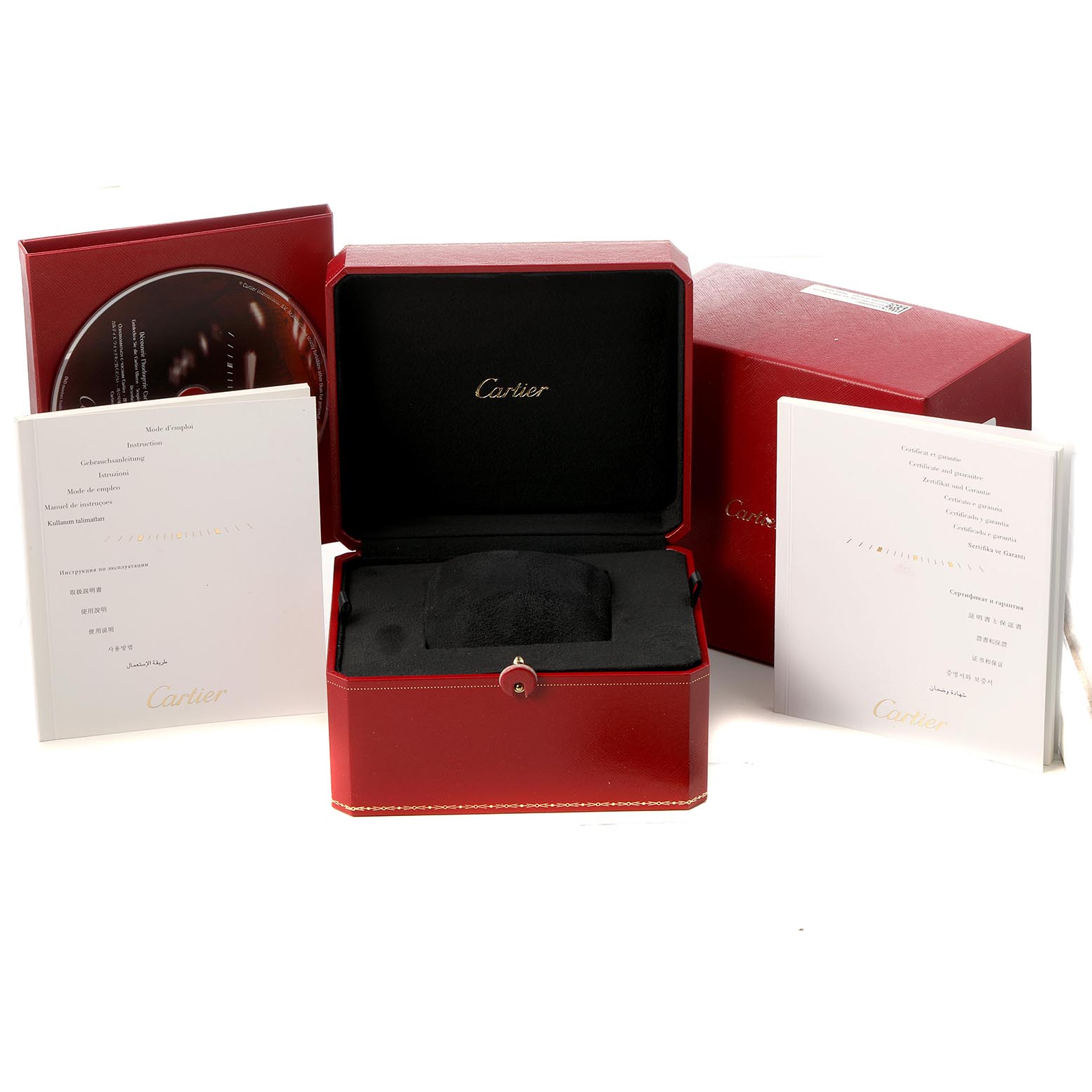 The image shows a Cartier Tank Louis W1560002 Men's Rose Gold Brown Dial watch box from a straight-on angle, with manuals and a CD included.