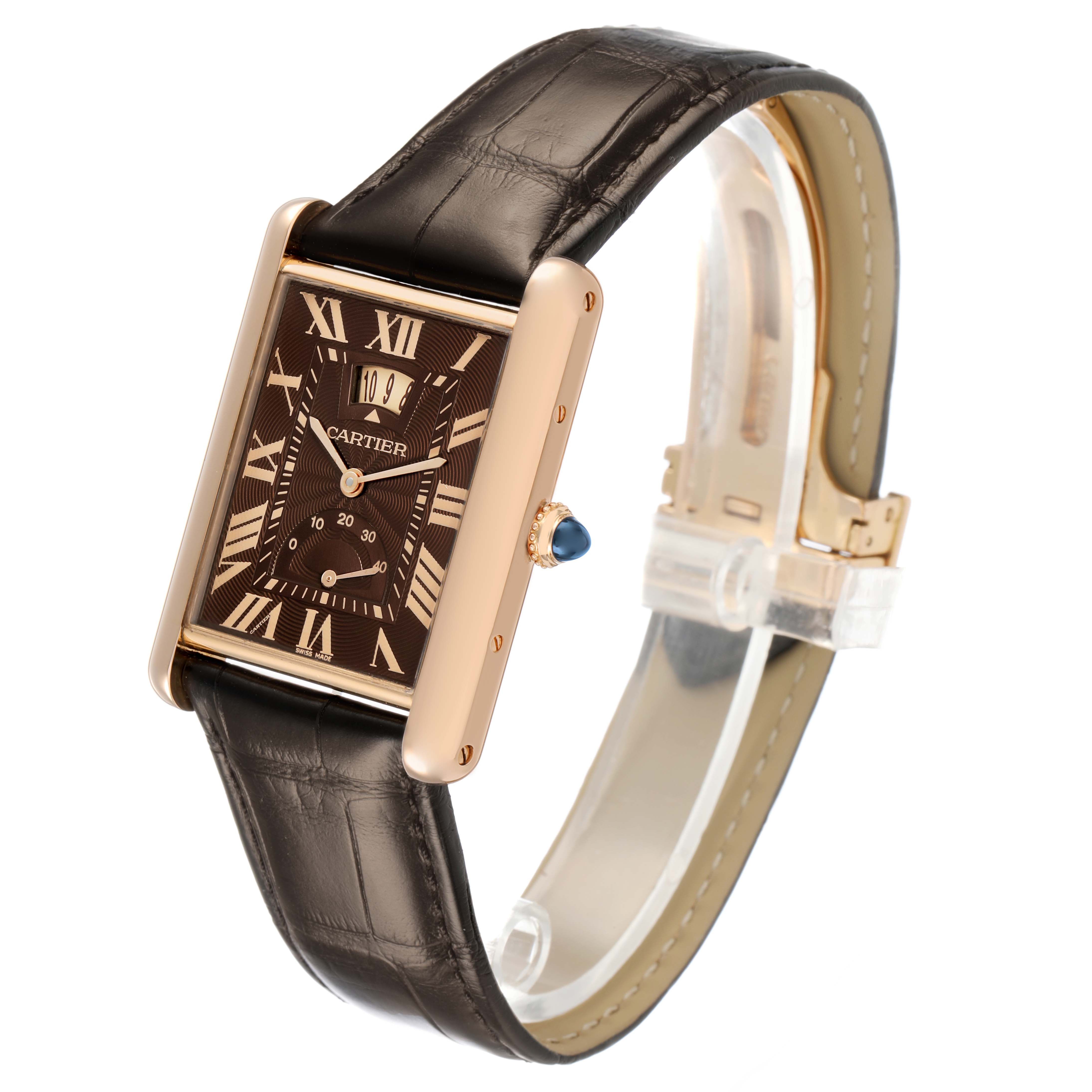 The image shows a Cartier Tank Louis W1560002 Men's Rose Gold Brown Dial watch at a three-quarter angle, highlighting the dial, case, crown, and leather strap.