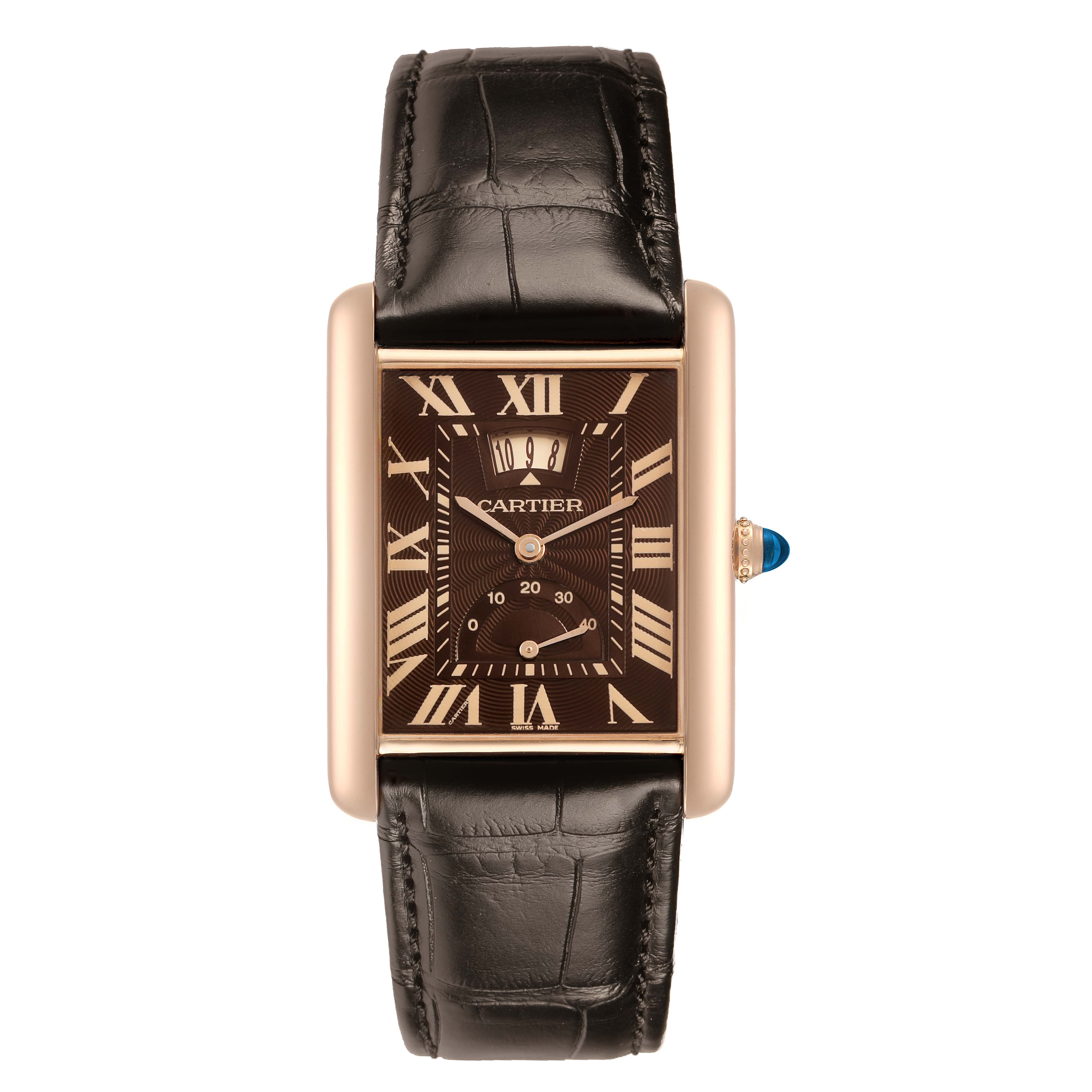 The Cartier Tank Louis W1560002 Men's Rose Gold Brown Dial watch is shown from a top-down angle, displaying its rectangular face, Roman numerals, and leather strap.