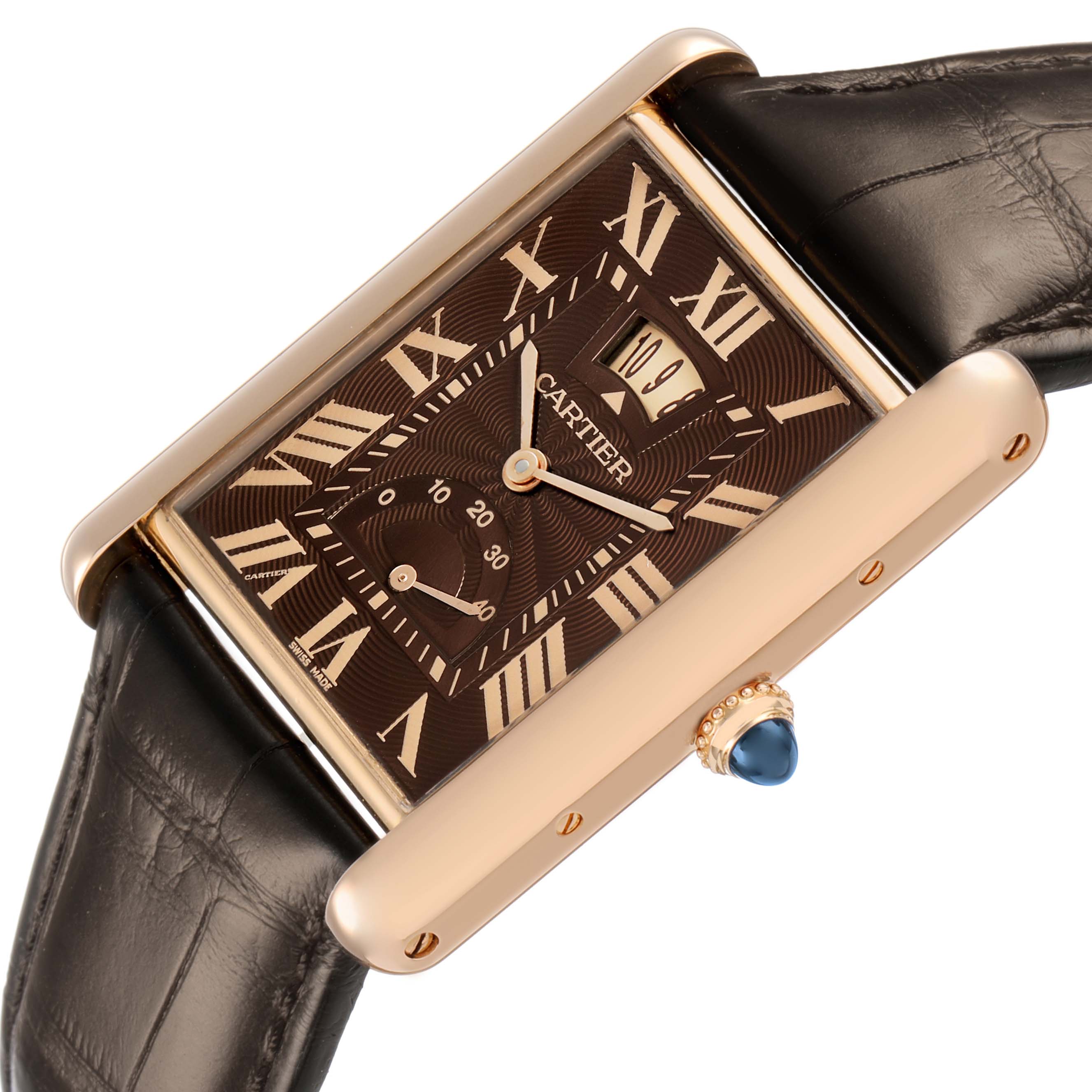 This Cartier Tank Louis W1560002 Men's Rose Gold Brown Dial watch is shown at an angled view, featuring the dial, crown with cabochon, and leather strap.