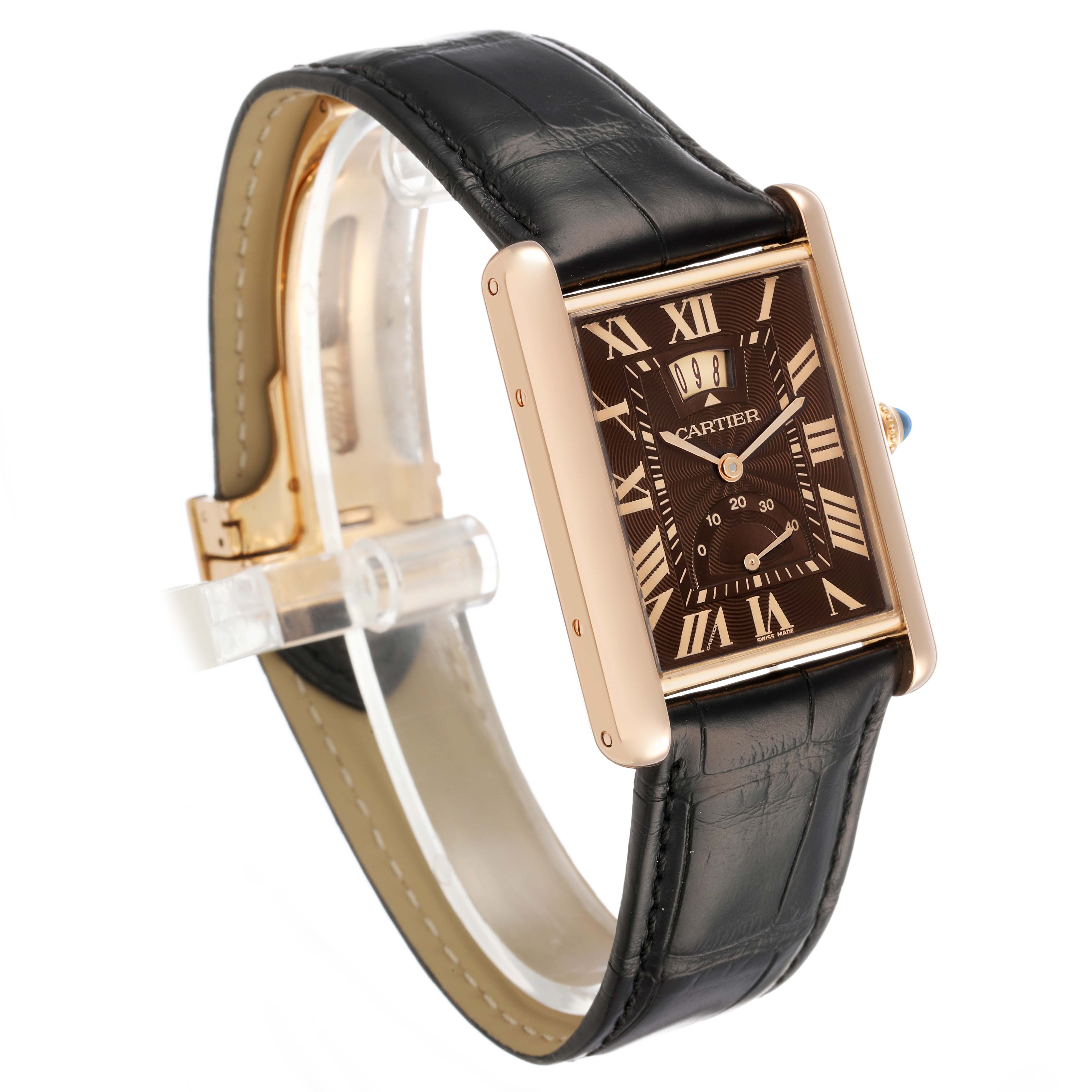 The Cartier Tank Louis W1560002 Men's Rose Gold Brown Dial watch is shown at a three-quarter angle, highlighting the dial, case, strap, and clasp.