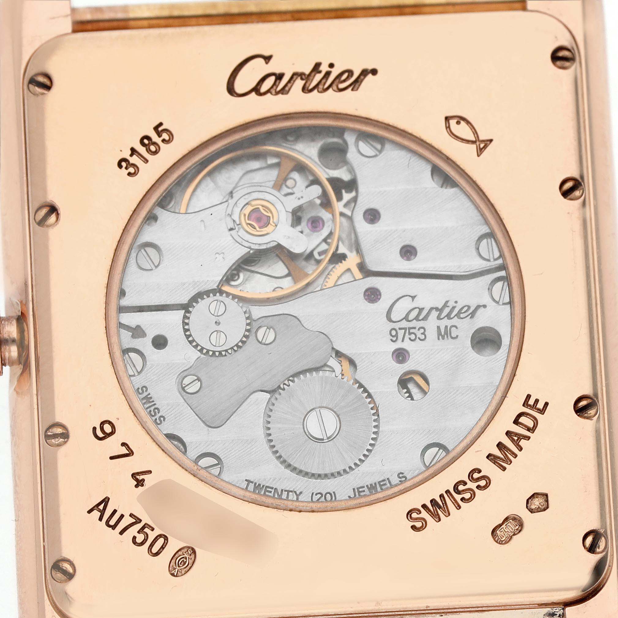 The image shows the back of a Cartier Tank Louis W1560002 Men's Rose Gold Brown Dial model, revealing its mechanical movement and engravings.