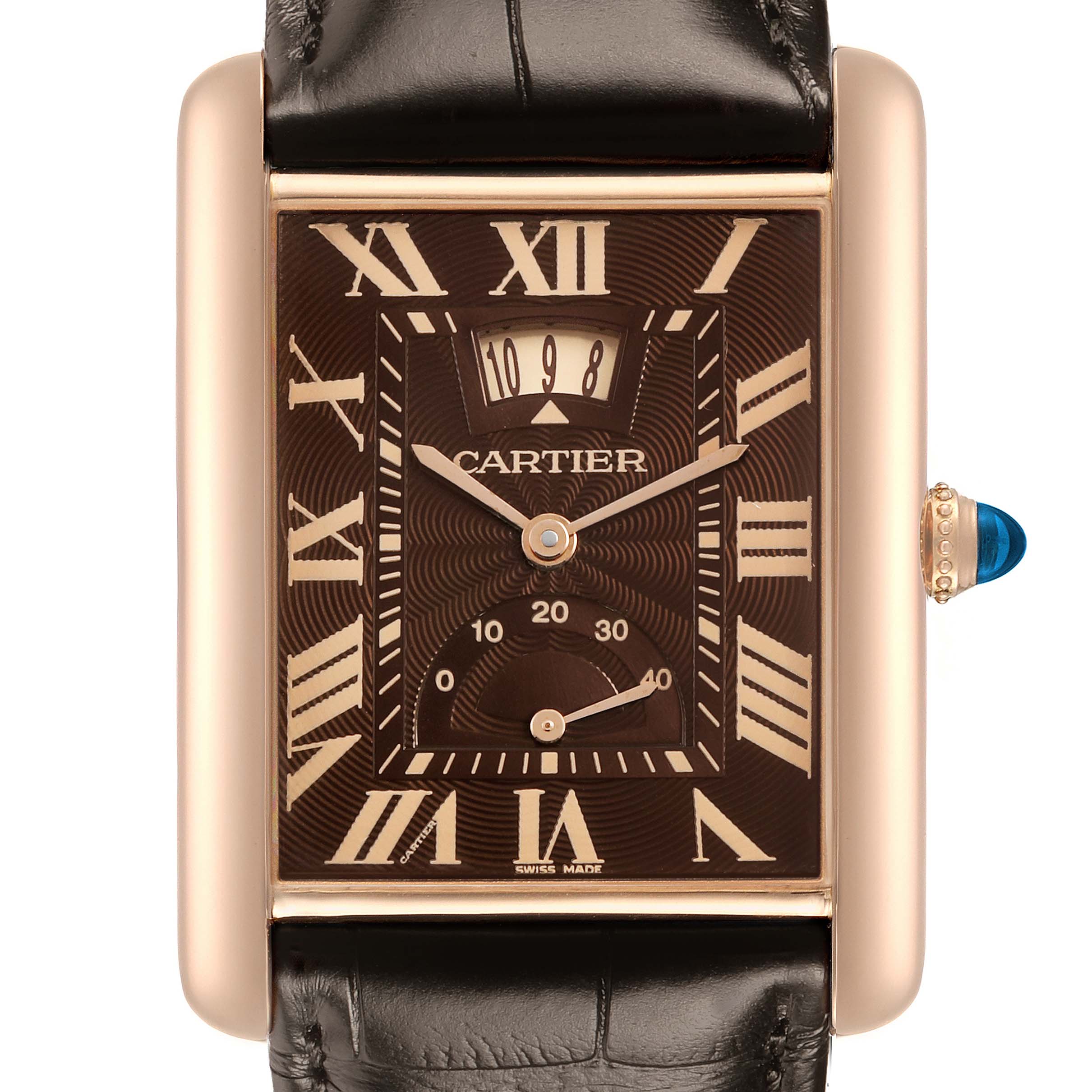 The Cartier Tank Louis W1560002 Men's Rose Gold Brown Dial watch is shown from the front, displaying the dial, hands, Roman numerals, and a crown with a blue cabochon.