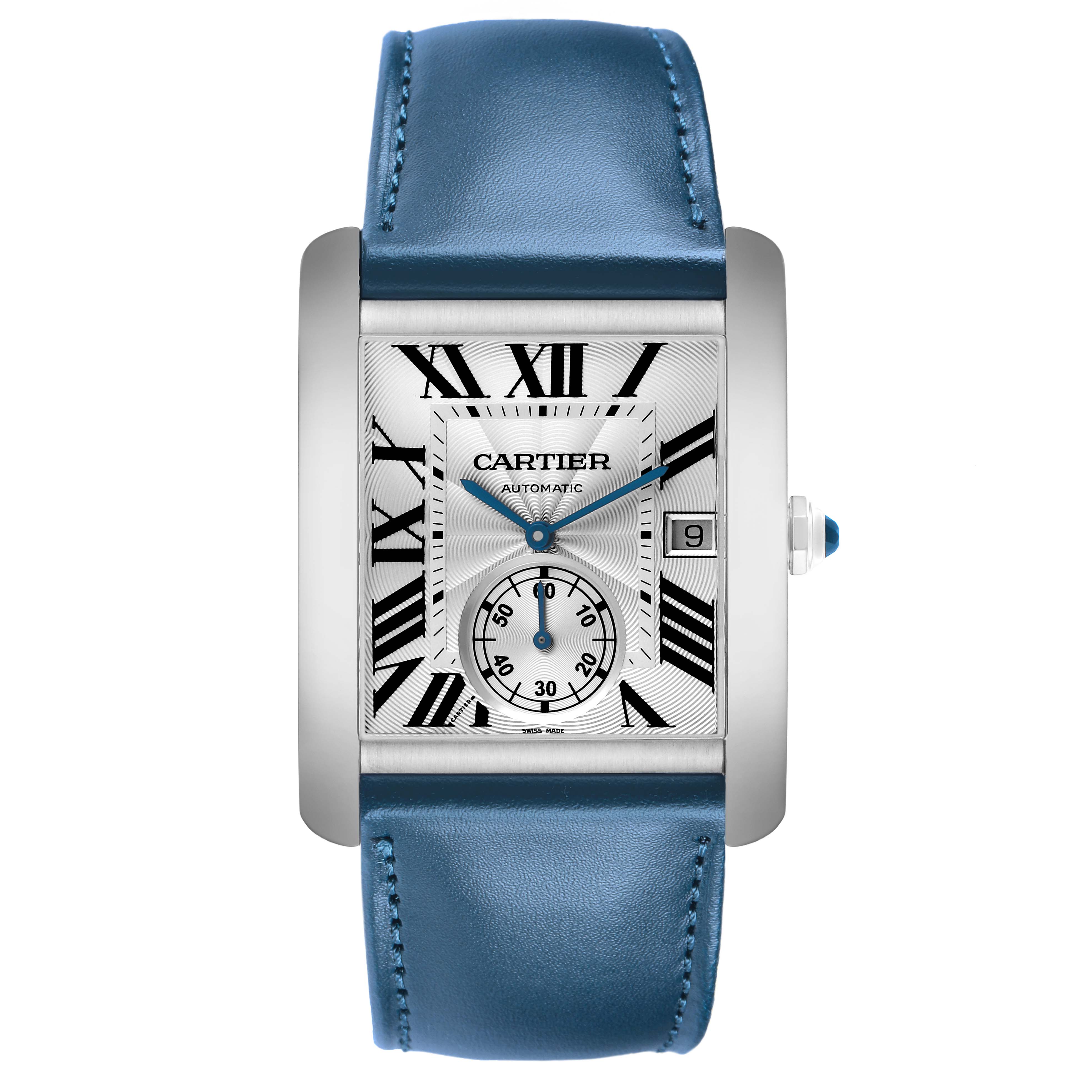 The Cartier Tank MC W5330003 Men's Stainless Steel Silver Dial watch is shown from the front, displaying its dial, Roman numerals, hands, date window, and blue leather strap.