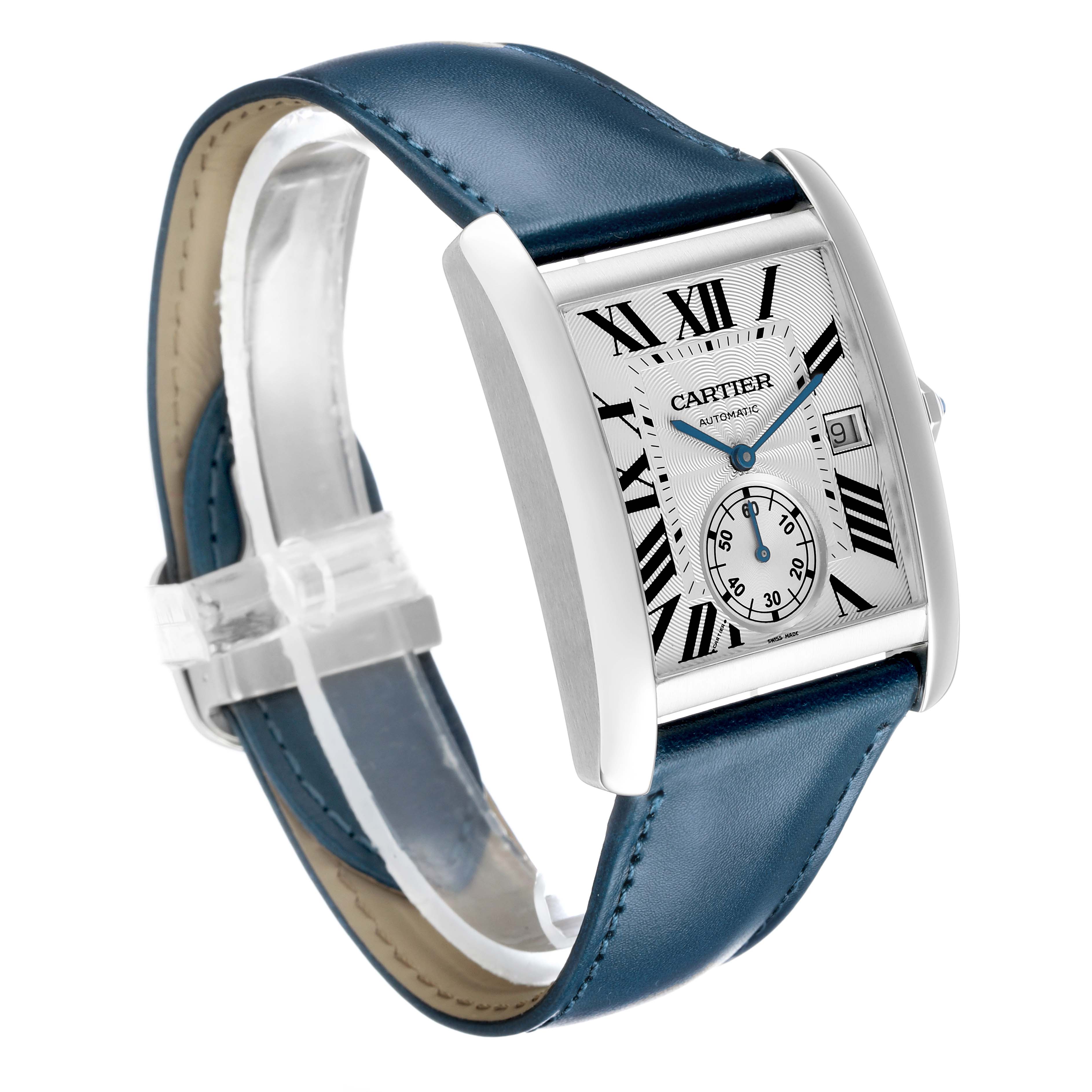 The Cartier Tank MC W5330003 Men's Stainless Steel Silver Dial watch is shown at an angled view, highlighting the face, blue strap, and side profile.