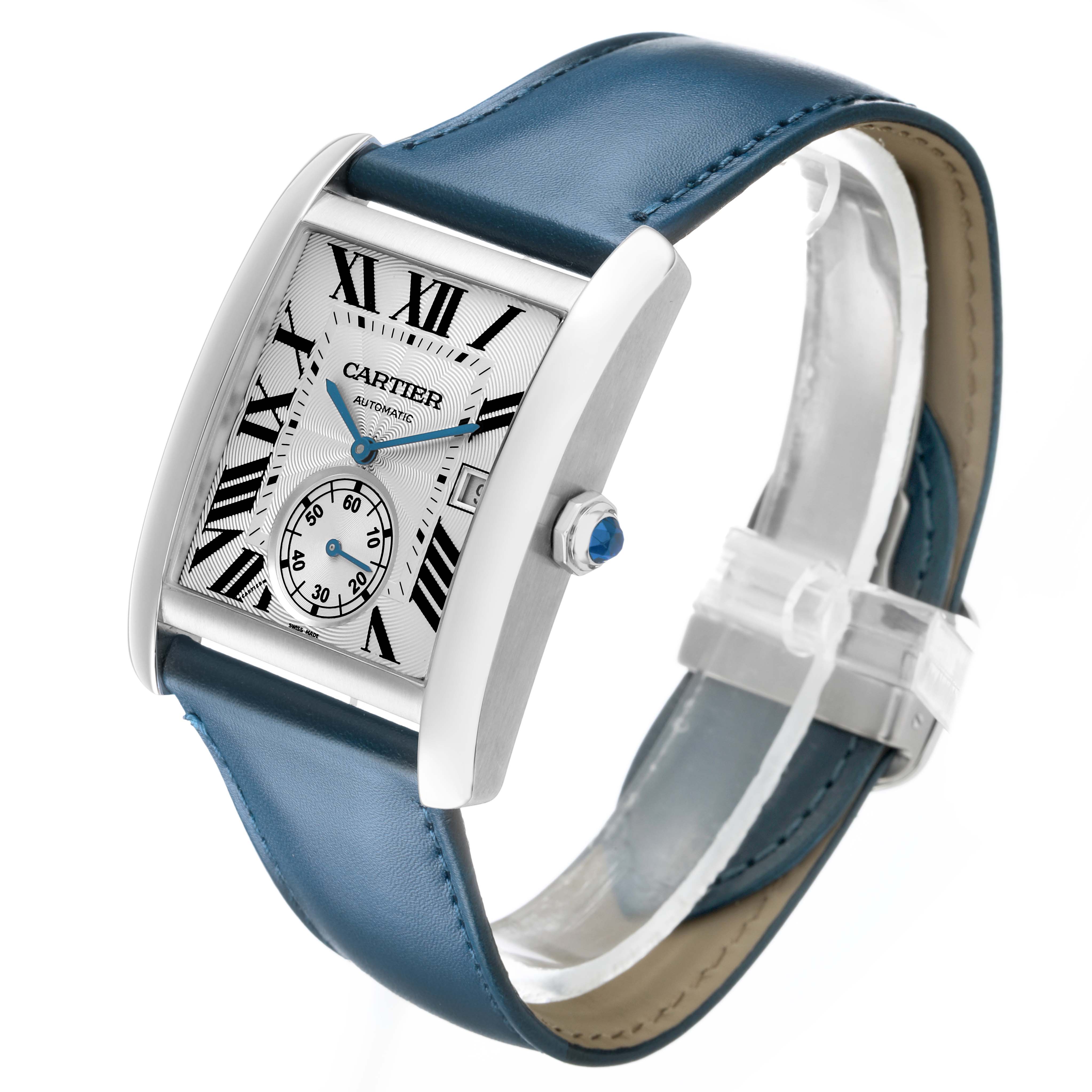 The Cartier Tank MC W5330003 Men's Stainless Steel Silver Dial watch is shown at an angle highlighting the face, side crown, and blue leather strap.