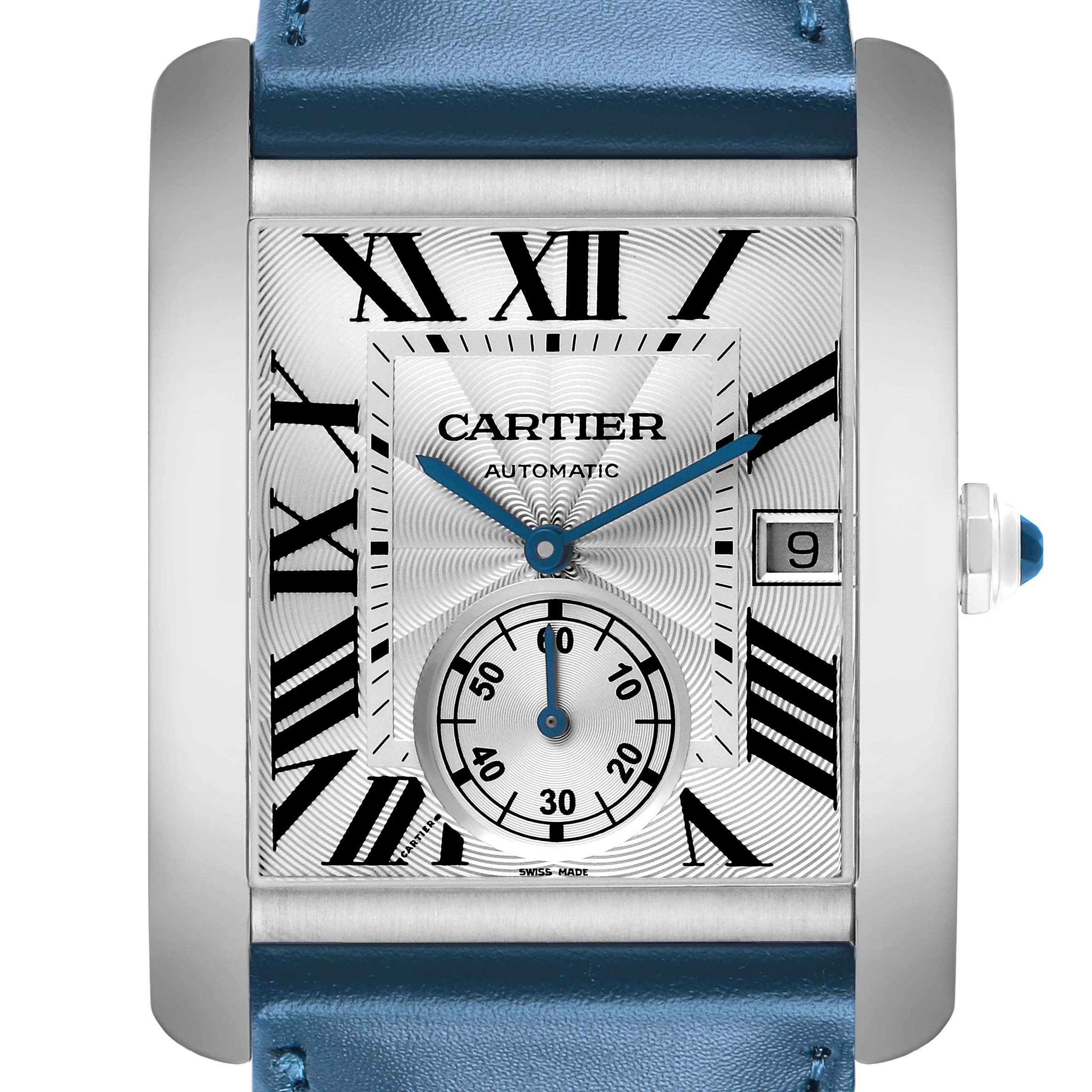 The Cartier Tank MC W5330003 Men's Stainless Steel Silver Dial watch is shown from a front angle, displaying its dial, case, and part of the blue leather strap.