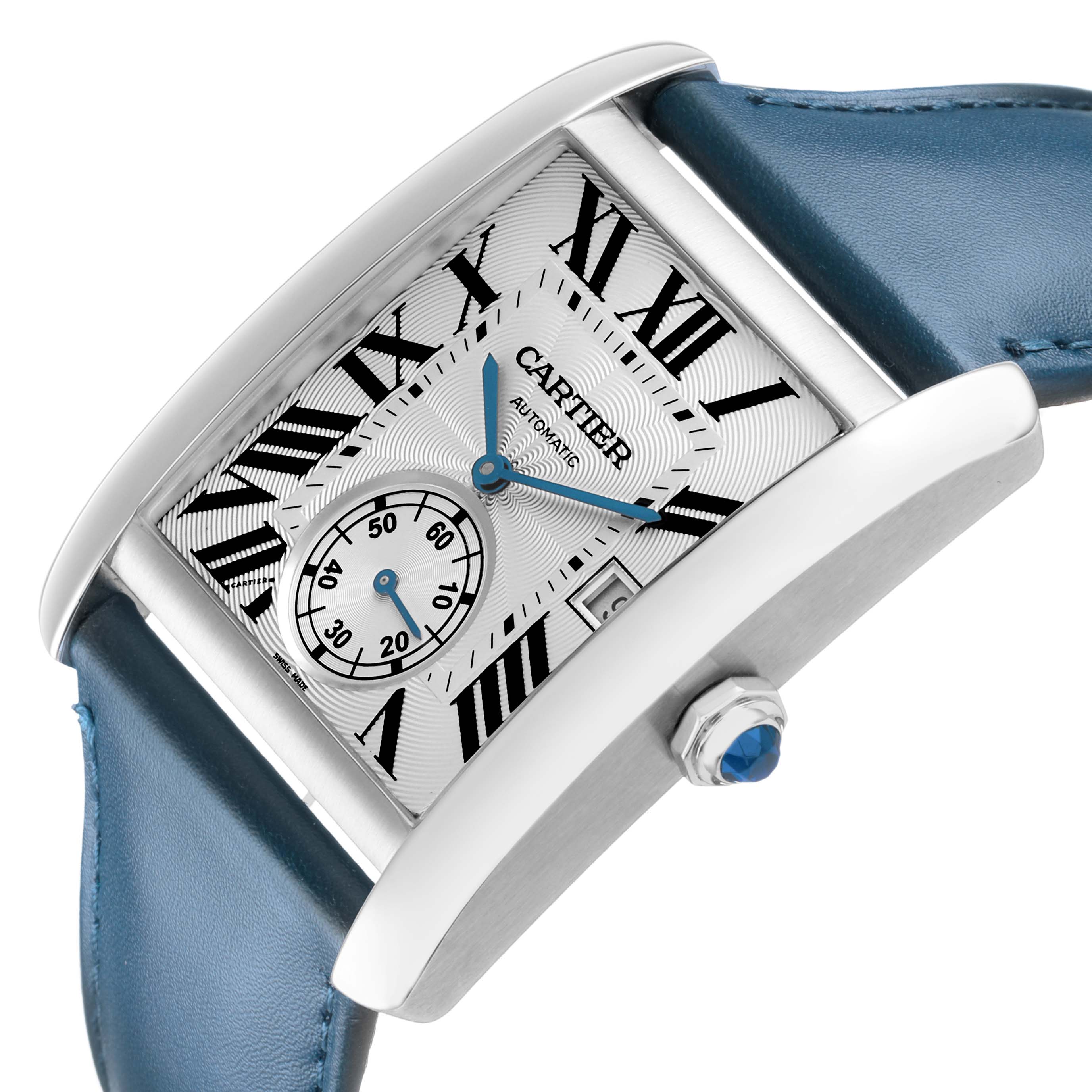 The image shows a Cartier Tank MC W5330003 Men's Stainless Steel Silver Dial watch at an angled view, highlighting the dial, blue hands, Roman numerals, and crown jewel.