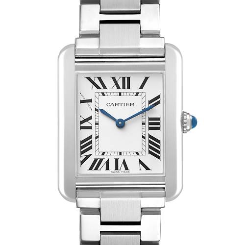 The image shows a front view of the Cartier Tank Solo W5200013 Women's Stainless Steel Silver Dial watch, highlighting its rectangular case, Roman numeral dial, and metal bracelet.