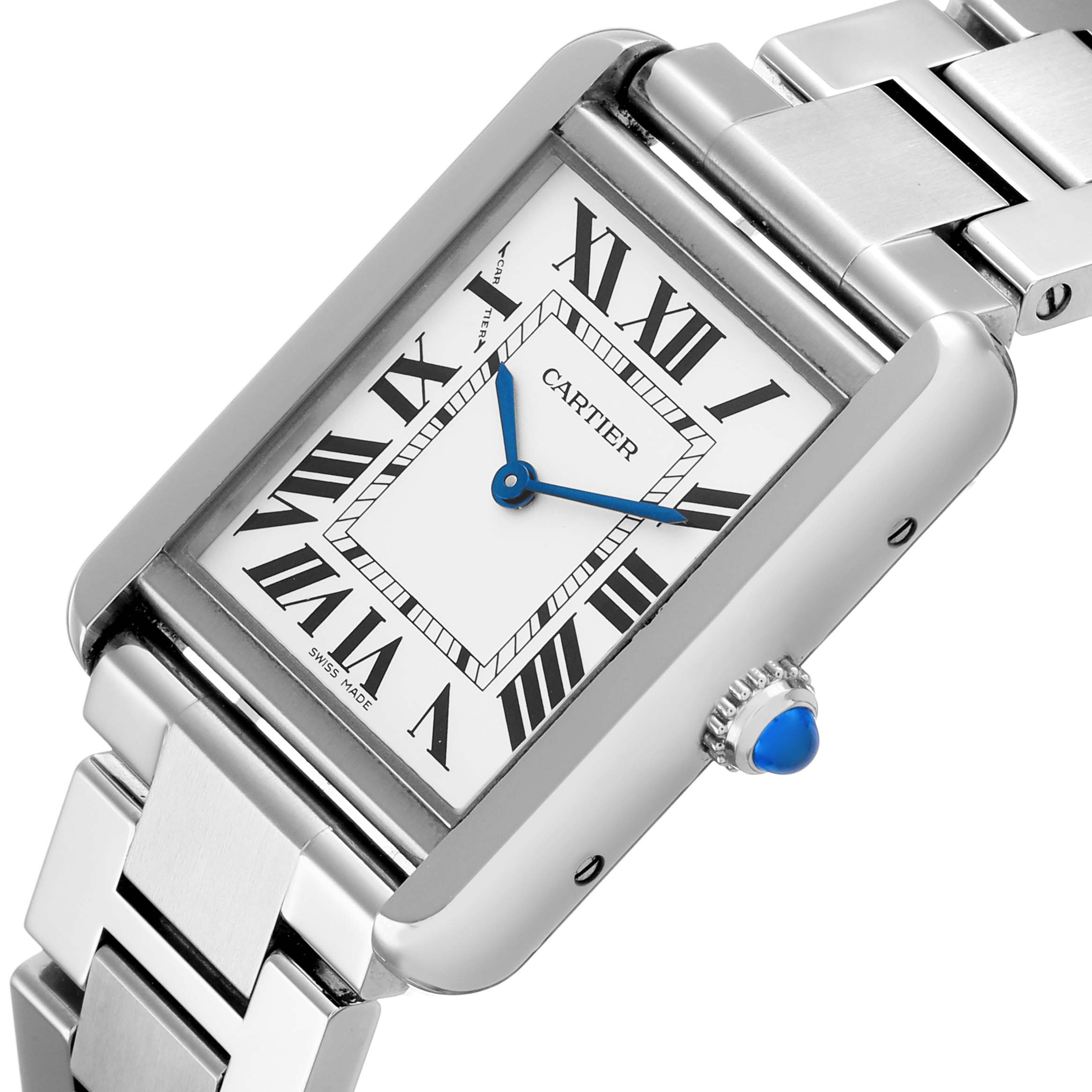 The Cartier Tank Solo W5200013 Women's Stainless Steel Silver Dial watch is shown at an angle highlighting the face, blue hands, Roman numerals, crown, and metal bracelet.