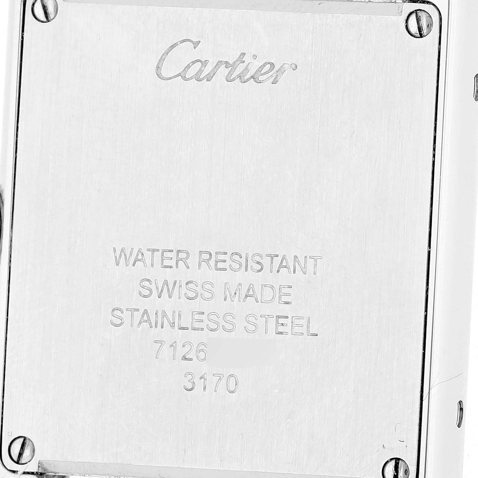 The image shows the back of a Cartier Tank Solo W5200013 Women's Stainless Steel Silver Dial watch, highlighting the brand name and water resistance details.