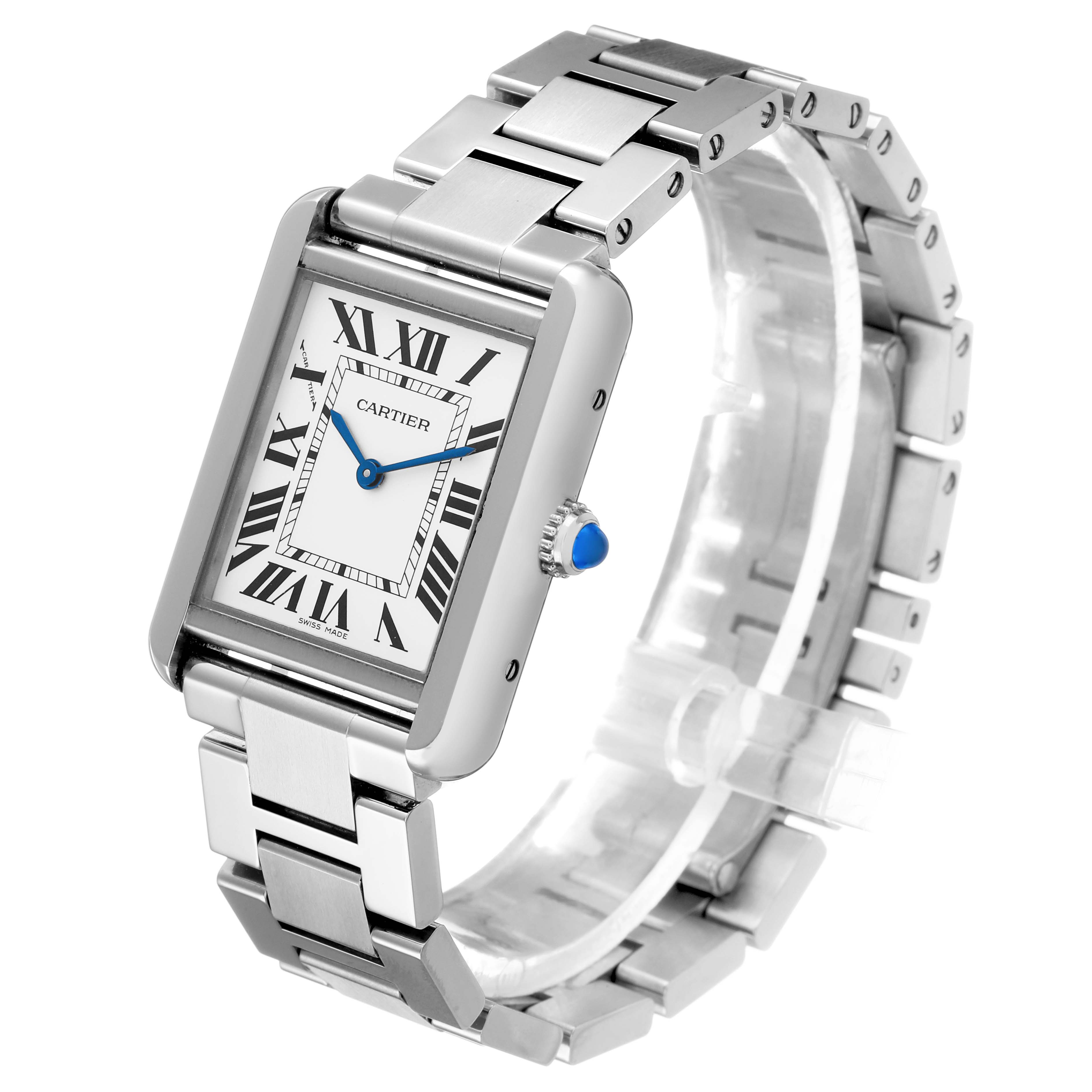 The Cartier Tank Solo W5200013 Women's Stainless Steel Silver Dial watch is shown at a slight angle displaying the face, Roman numerals, blue hands, and metal bracelet.