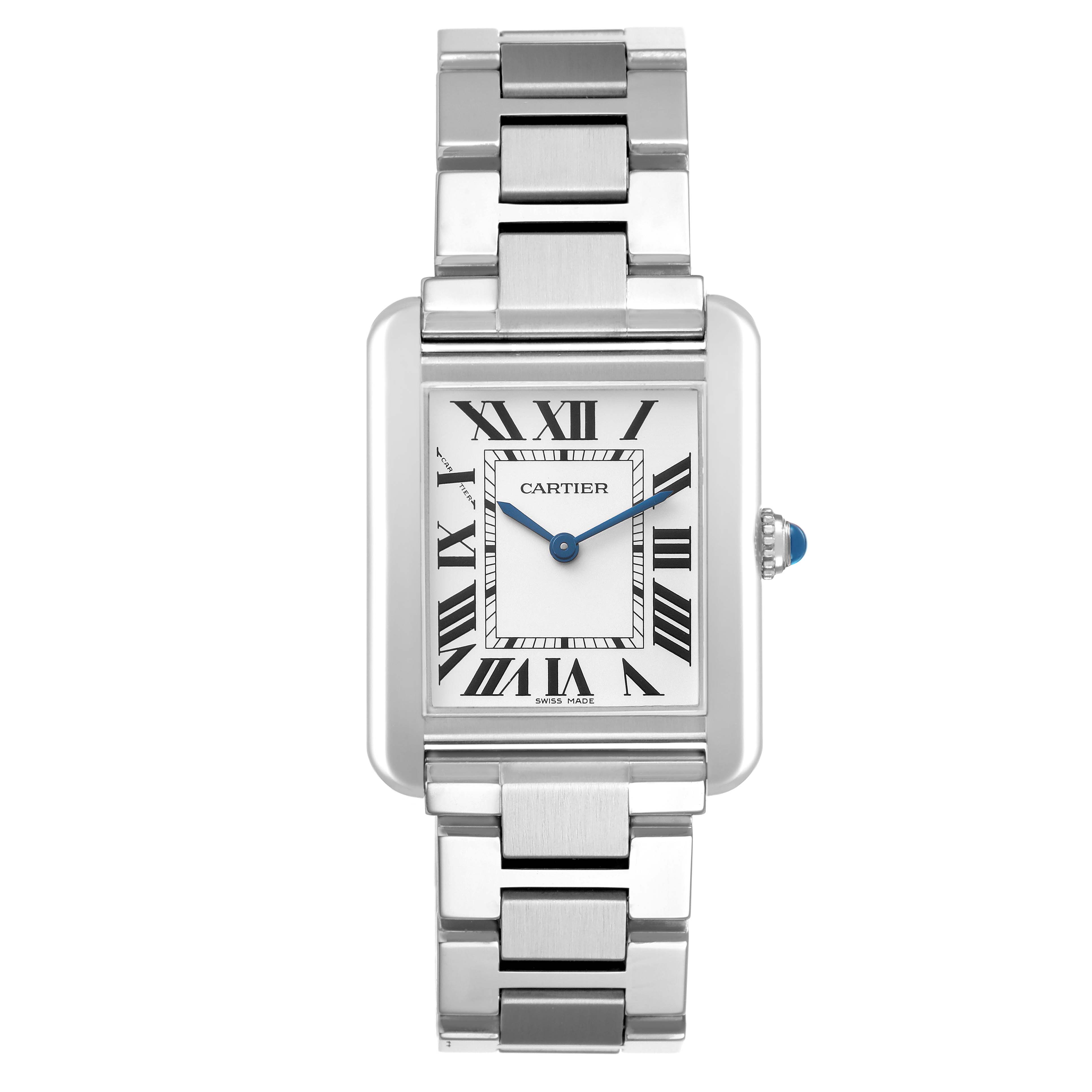 The Cartier Tank Solo W5200013 Women's Stainless Steel Silver Dial watch is shown from the front, highlighting its face, Roman numerals, and metal bracelet.
