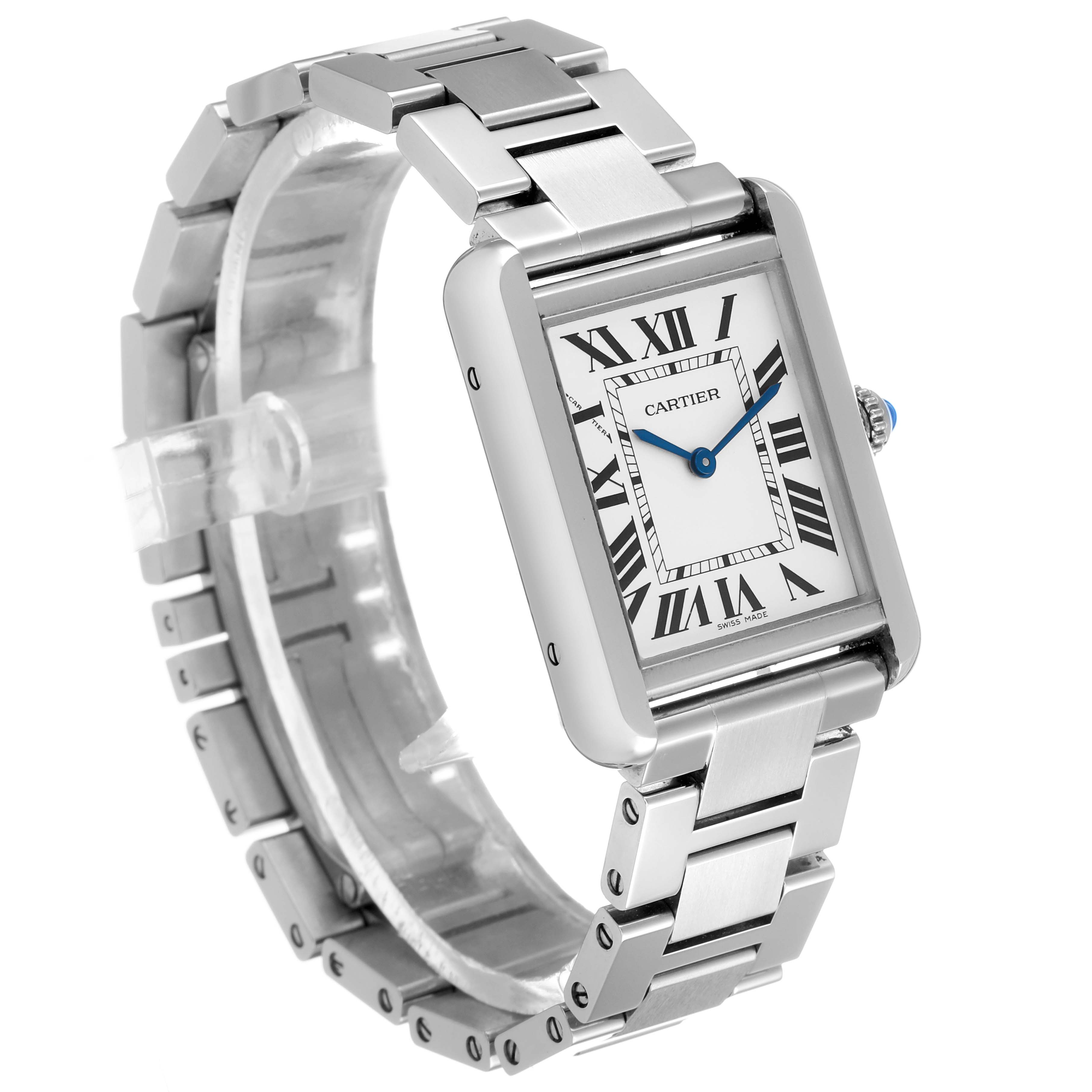 The Cartier Tank Solo W5200013 Women's Stainless Steel Silver Dial watch is shown at a three-quarter angle, highlighting its rectangular face, Roman numerals, and metal bracelet.