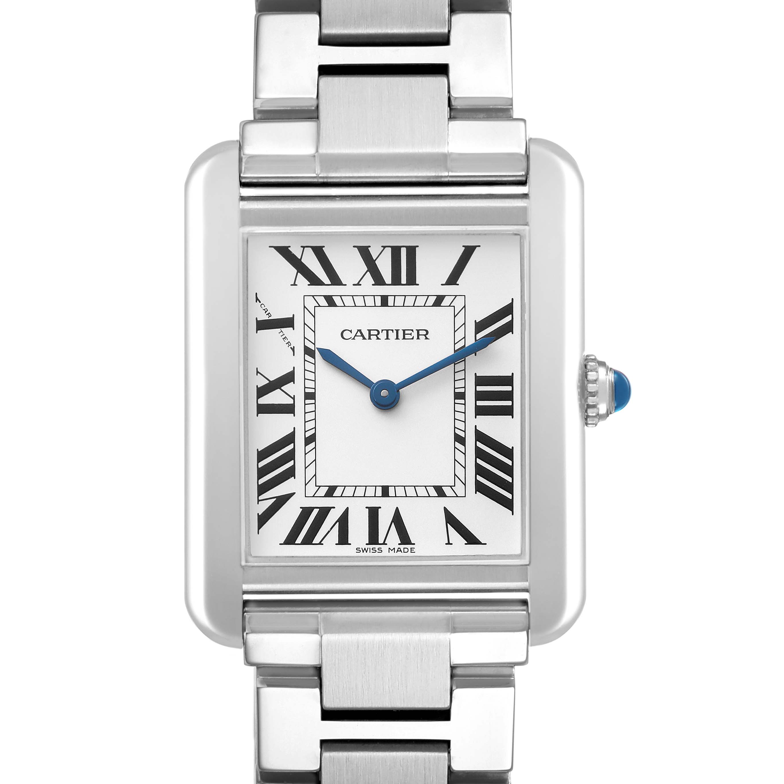 The Cartier Tank Solo W5200013 Women's Stainless Steel Silver Dial is shown from a front angle, highlighting its face, Roman numerals, case, and part of the bracelet.