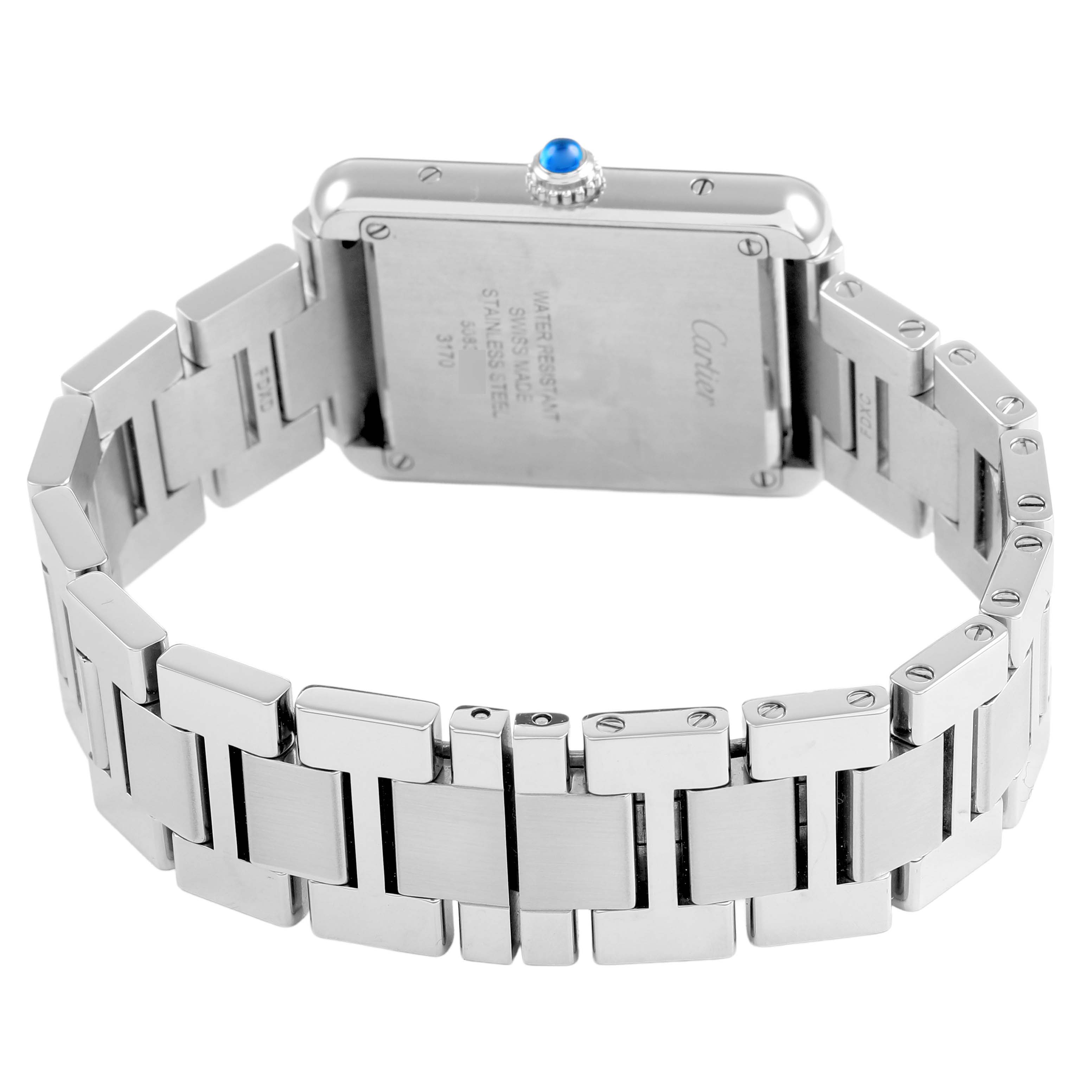 The image shows the back view of the Cartier Tank Solo W5200013 Women's Stainless Steel Silver Dial watch, highlighting the case back and the metal bracelet.