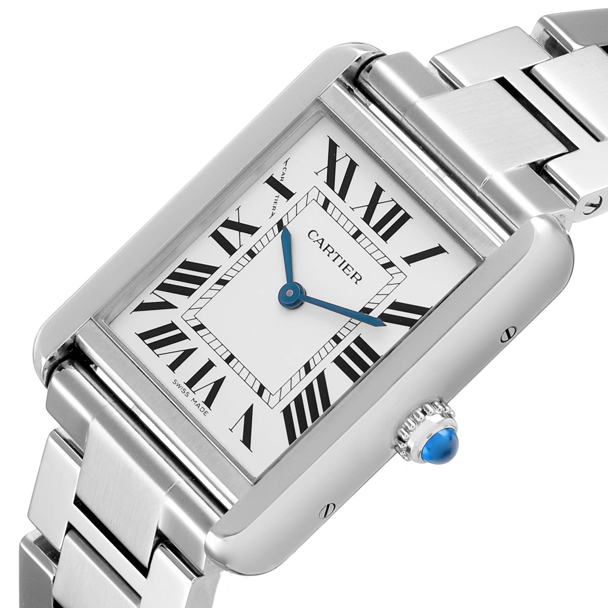 The Cartier Tank Solo W5200013 Women's Stainless Steel Silver Dial is shown at an angled close-up, highlighting its rectangular dial, Roman numerals, blue hands, and crown detail.