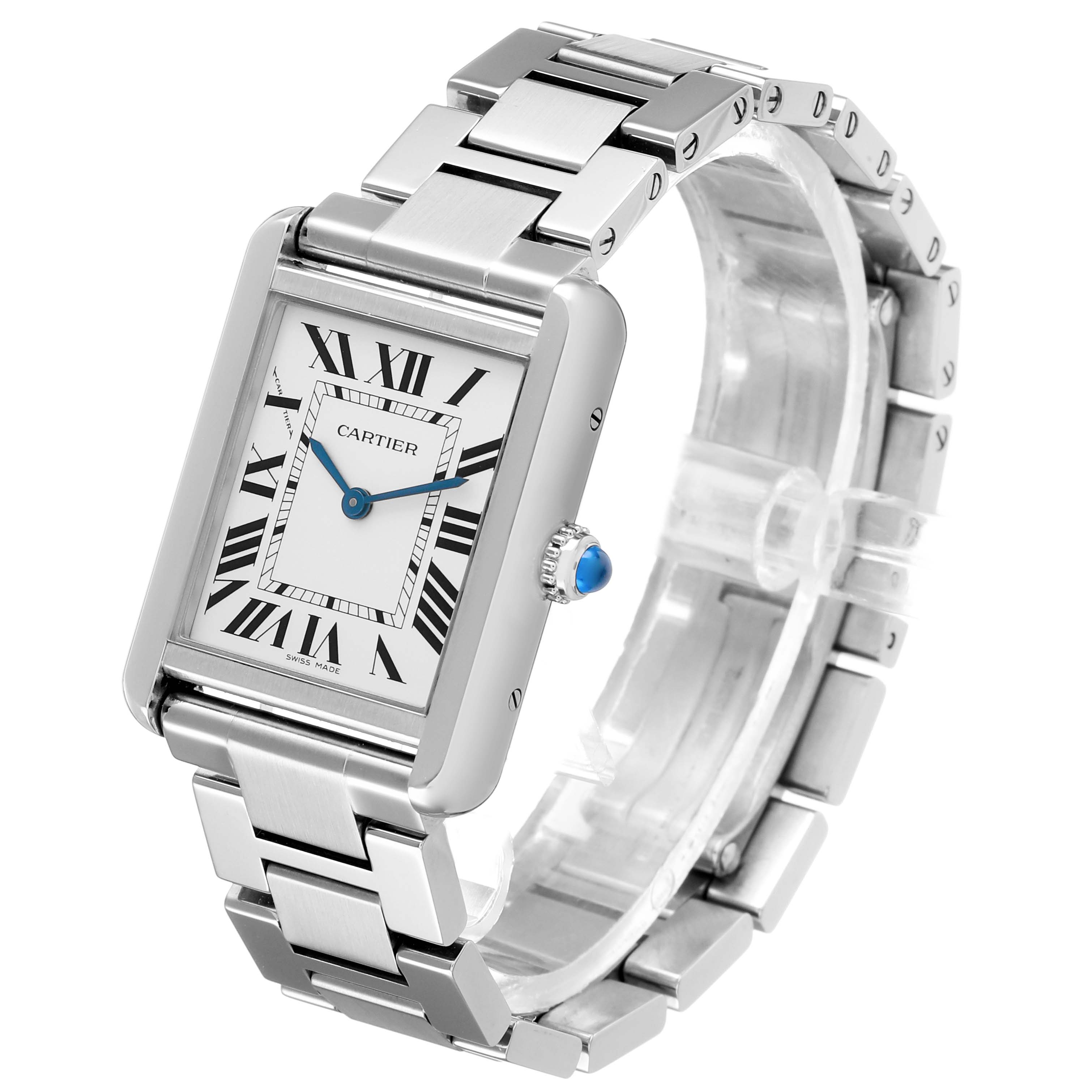 The Cartier Tank Solo W5200013 Women's Stainless Steel Silver Dial watch is shown at a three-quarter angle, highlighting the rectangular case, Roman numeral dial, bracelet, and crown.