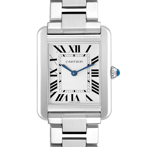 The Cartier Tank Solo W5200013 Women's Stainless Steel Silver Dial watch is shown from the front, highlighting the rectangular dial, Roman numerals, and the metal bracelet.